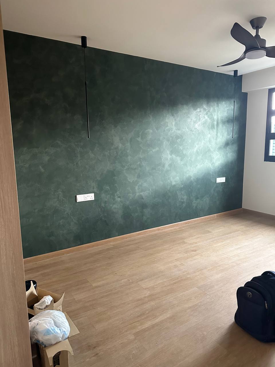 Master Bedroom - Calm Vibes & Space Optimisation - Empty room with dark green textured wall and light wooden floor