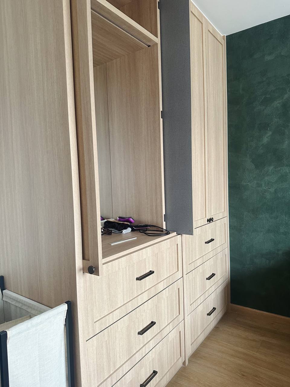 Master Bedroom - Calm Vibes & Space Optimisation - Wooden wardrobe with open doors, light beige finish, black handles