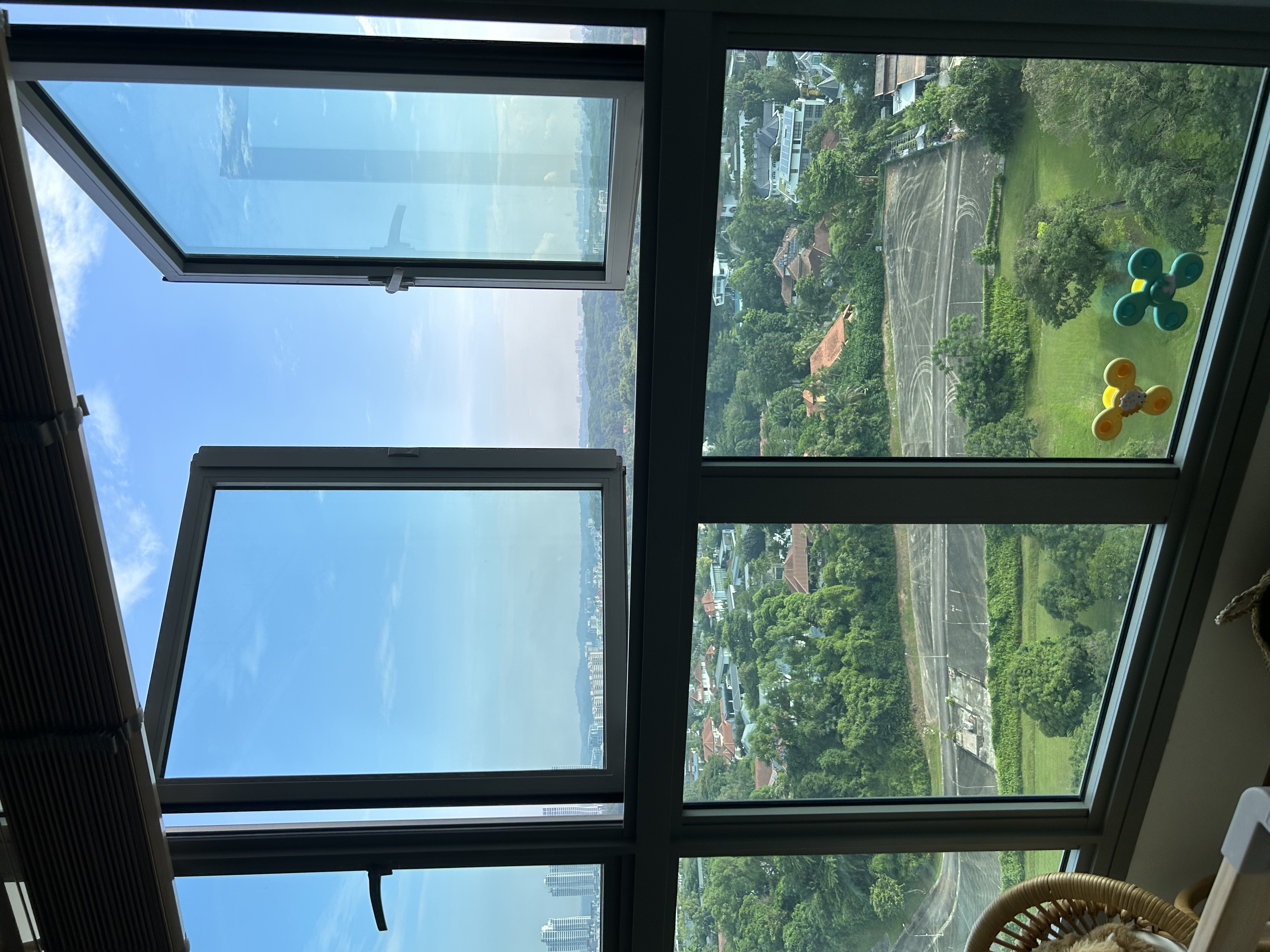 Urban Oasis: we don’t have a balcony but we have a view 🤭 - Glass windows, urban landscape, city skyline, greenery, trees
