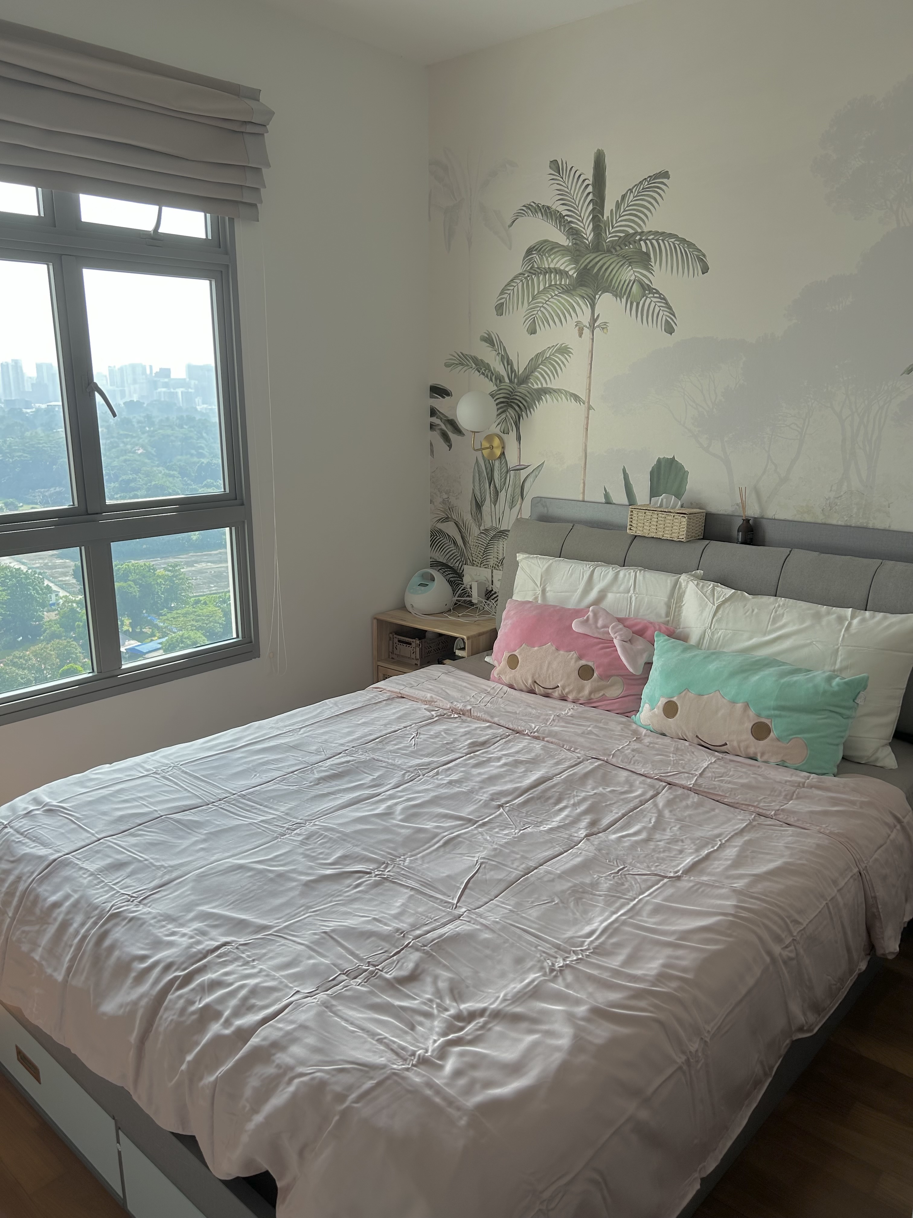 Urban Oasis: we don’t have a balcony but we have a view 🤭 - Modern bedroom with large window, light gray walls, soft natural