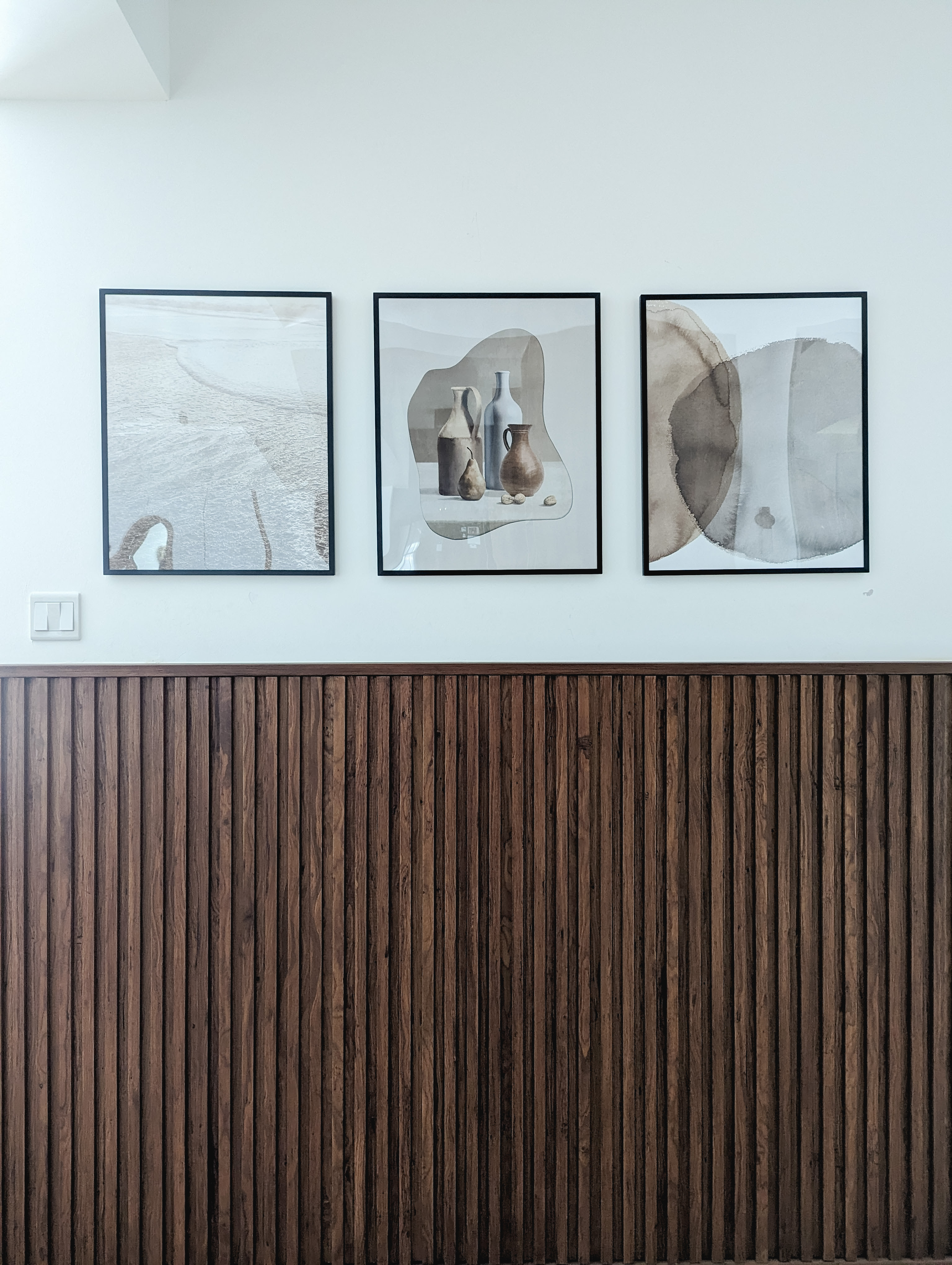 Transforming spaces and elevating spaces with Faux Plants - Modern minimalist interior, abstract art, wooden panel, vertical