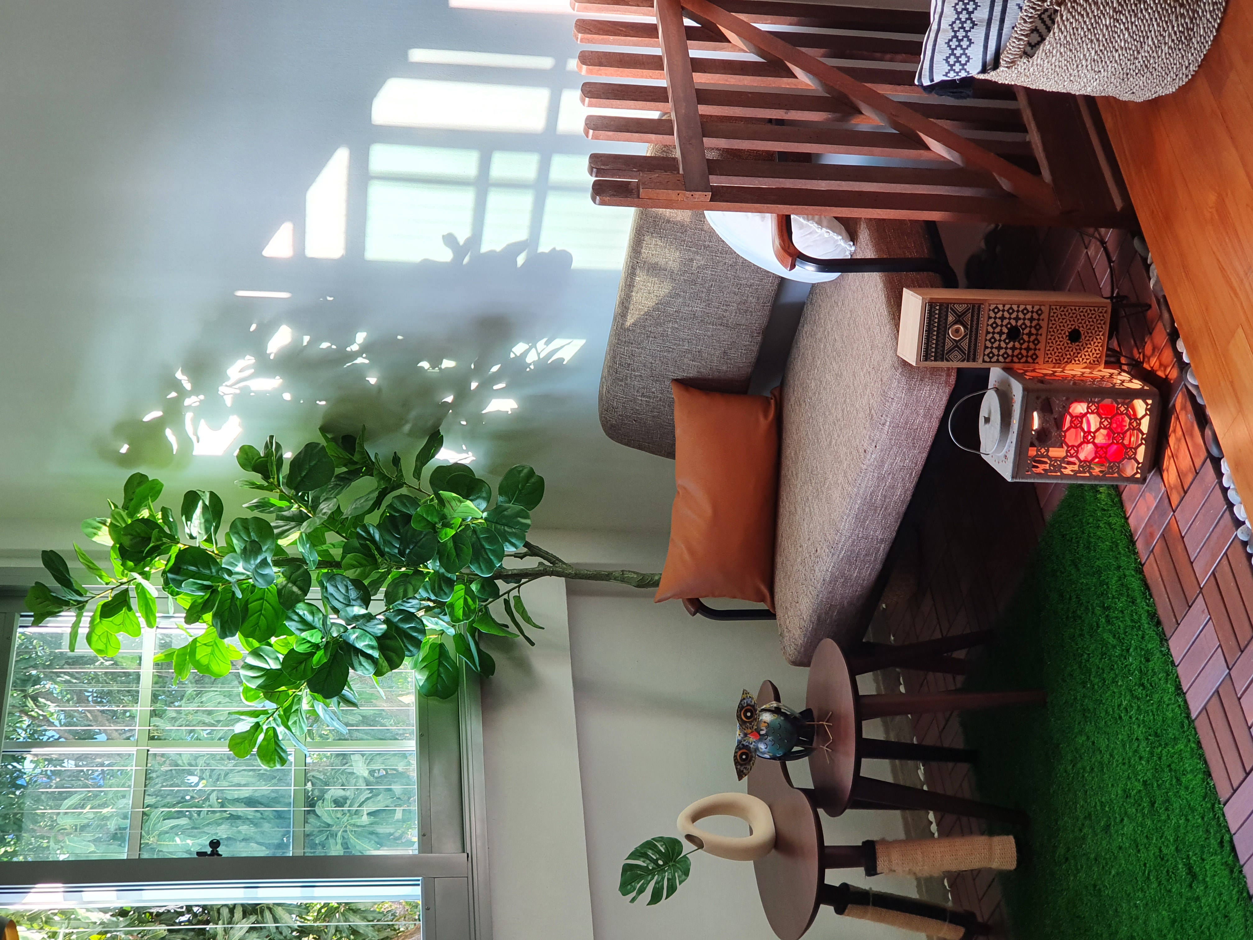Our Zen corner - Sunlight filtering through the window, green leaves on a plant, wooden chair, orange cushion, woven rug
