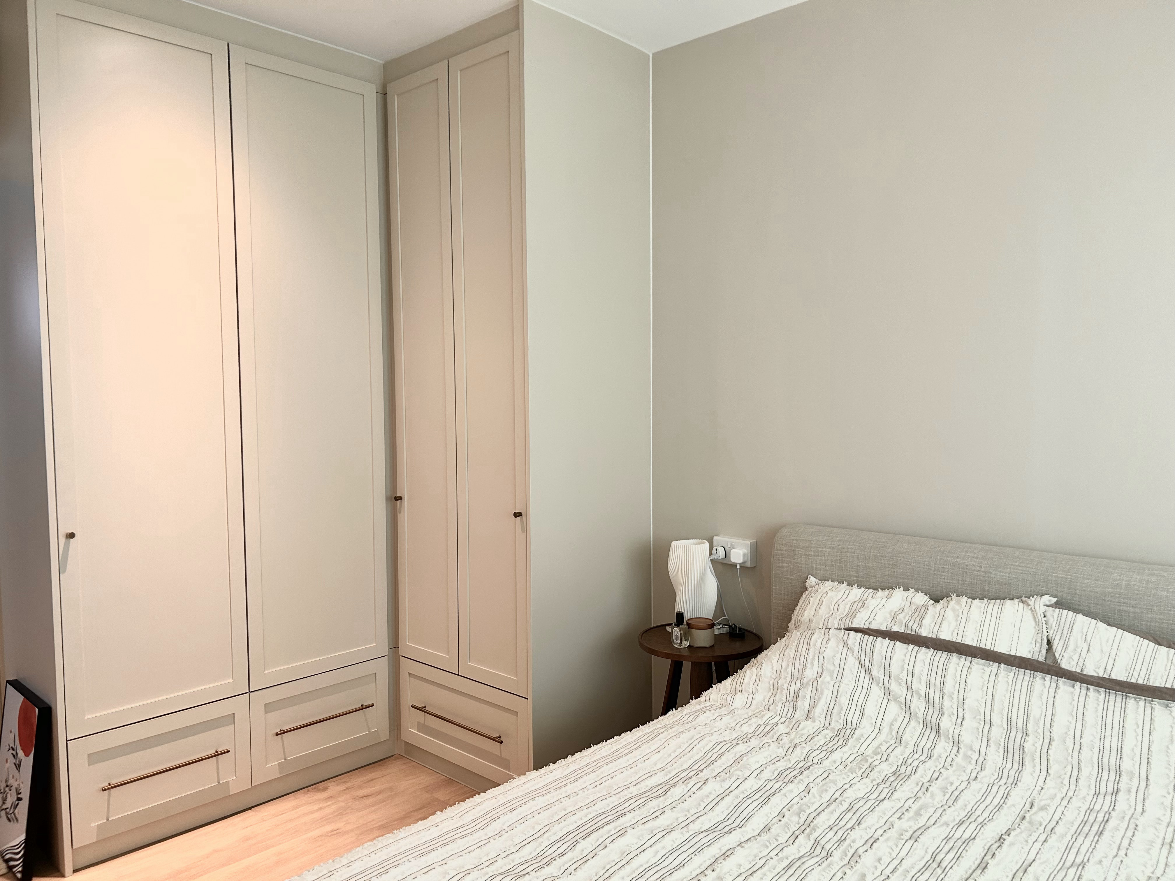 A Peek into Our Cozy Bedroom! - White cabinetry, minimalist design, modern aesthetic, neutral color palette, light wood