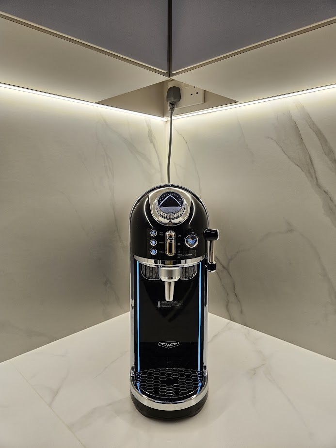 A Smart and Functional Kitchen - Modern kitchen, sleek coffee machine, minimalist design, high-end appliance, marble