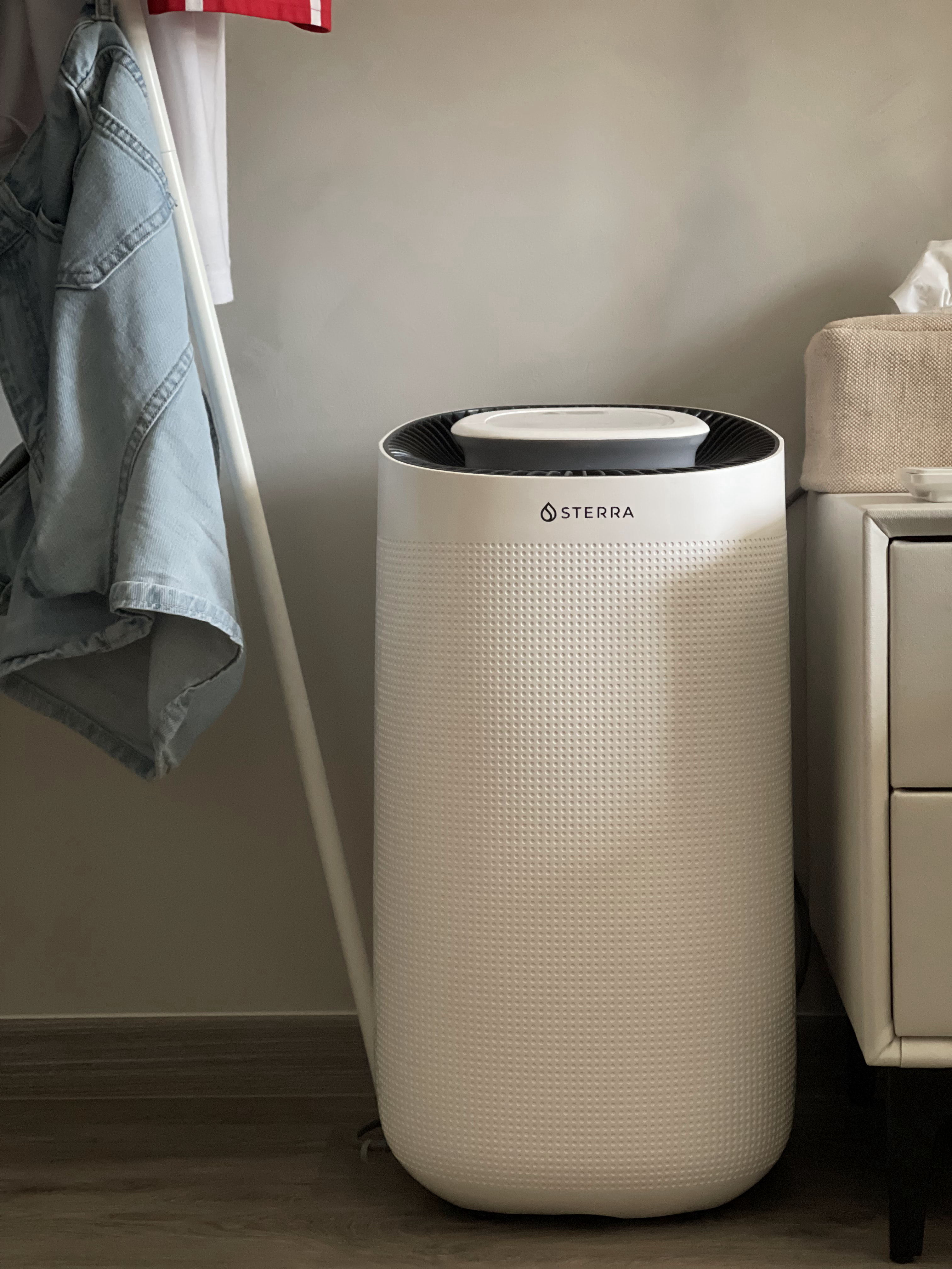 Our Atypical Master Bedroom: No L-shaped Wardrobe for us - Air purifier, white cylindrical, STERRA logo, light blue denim