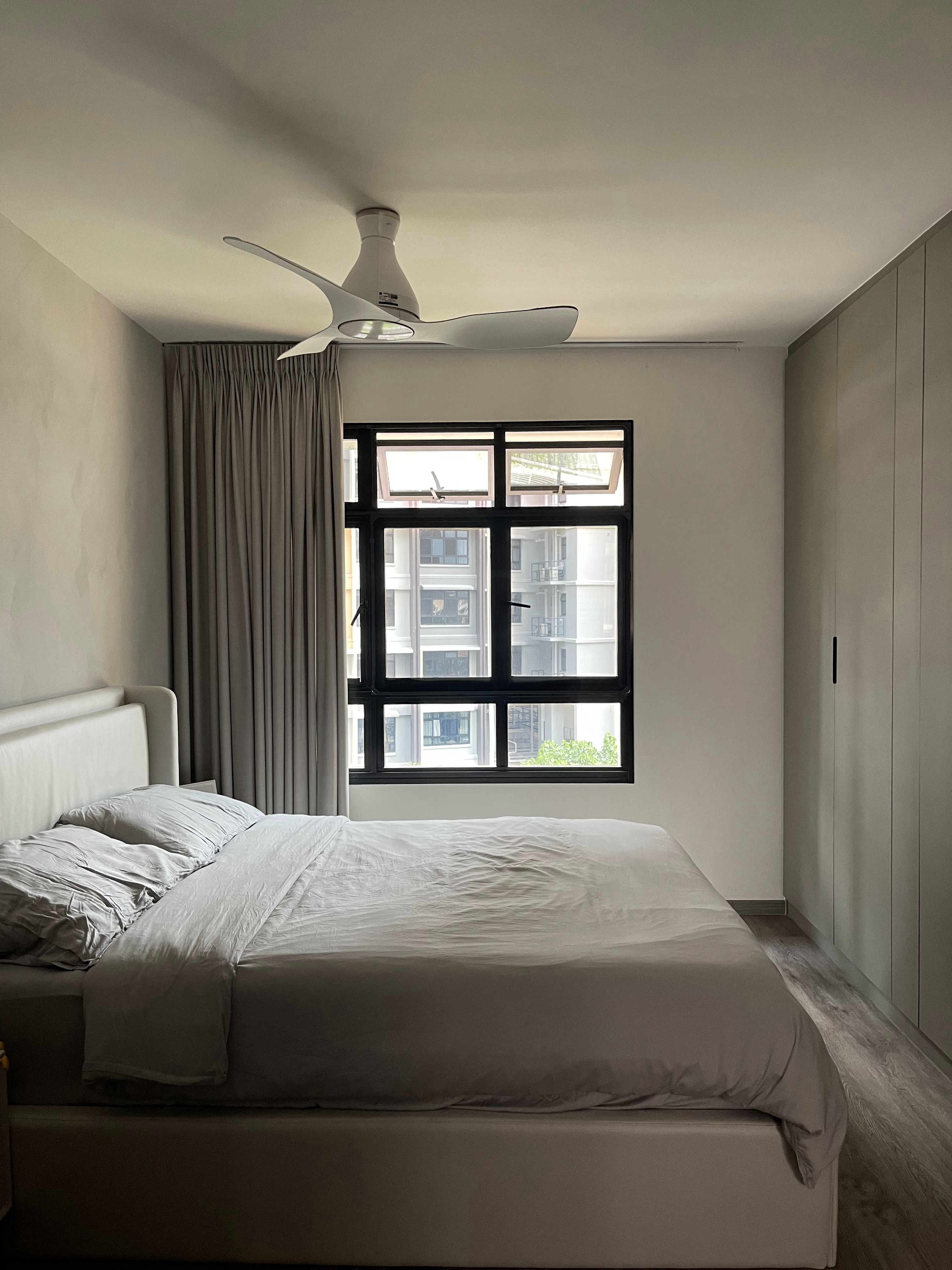 Our Atypical Master Bedroom: No L-shaped Wardrobe for us - Modern minimalist bedroom, neutral color palette, large bed with