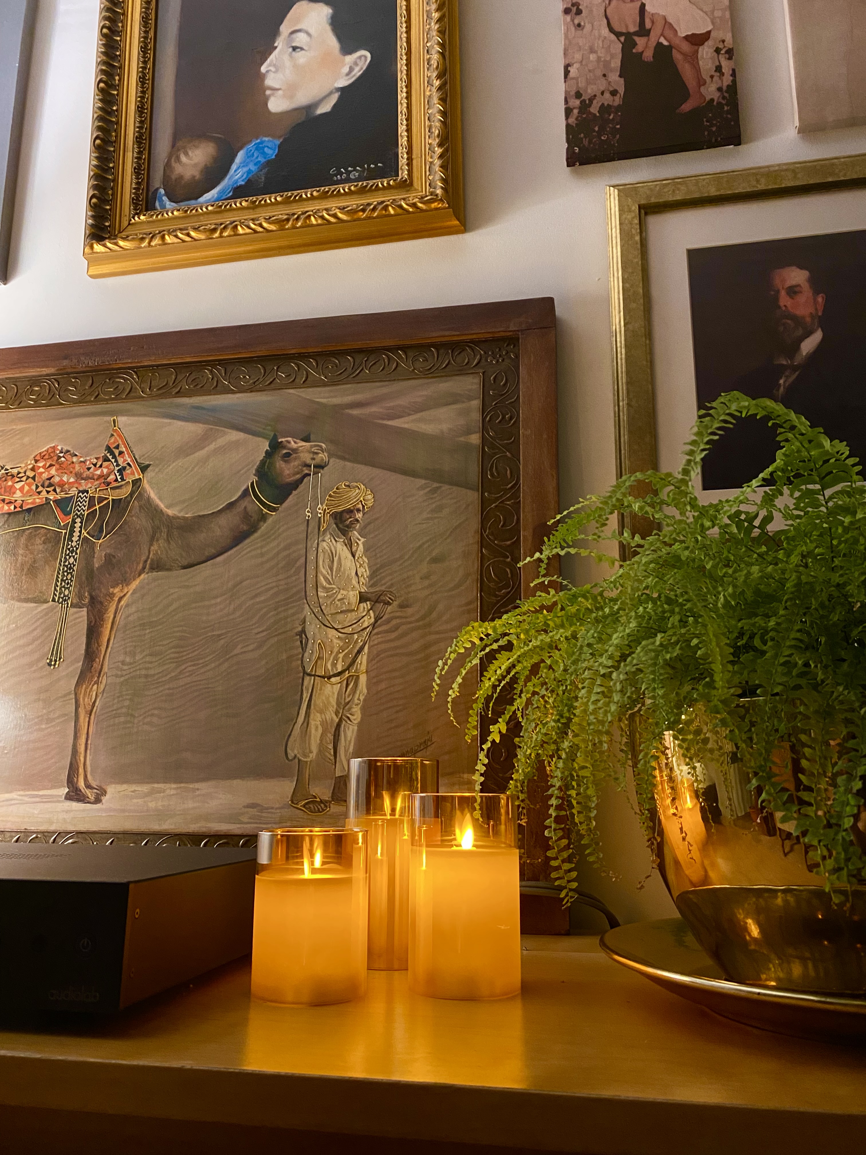 Where Houseplants Create a Cozy, Green Haven - Candlelit scene, framed paintings, lush green plant, warm lighting, abstract