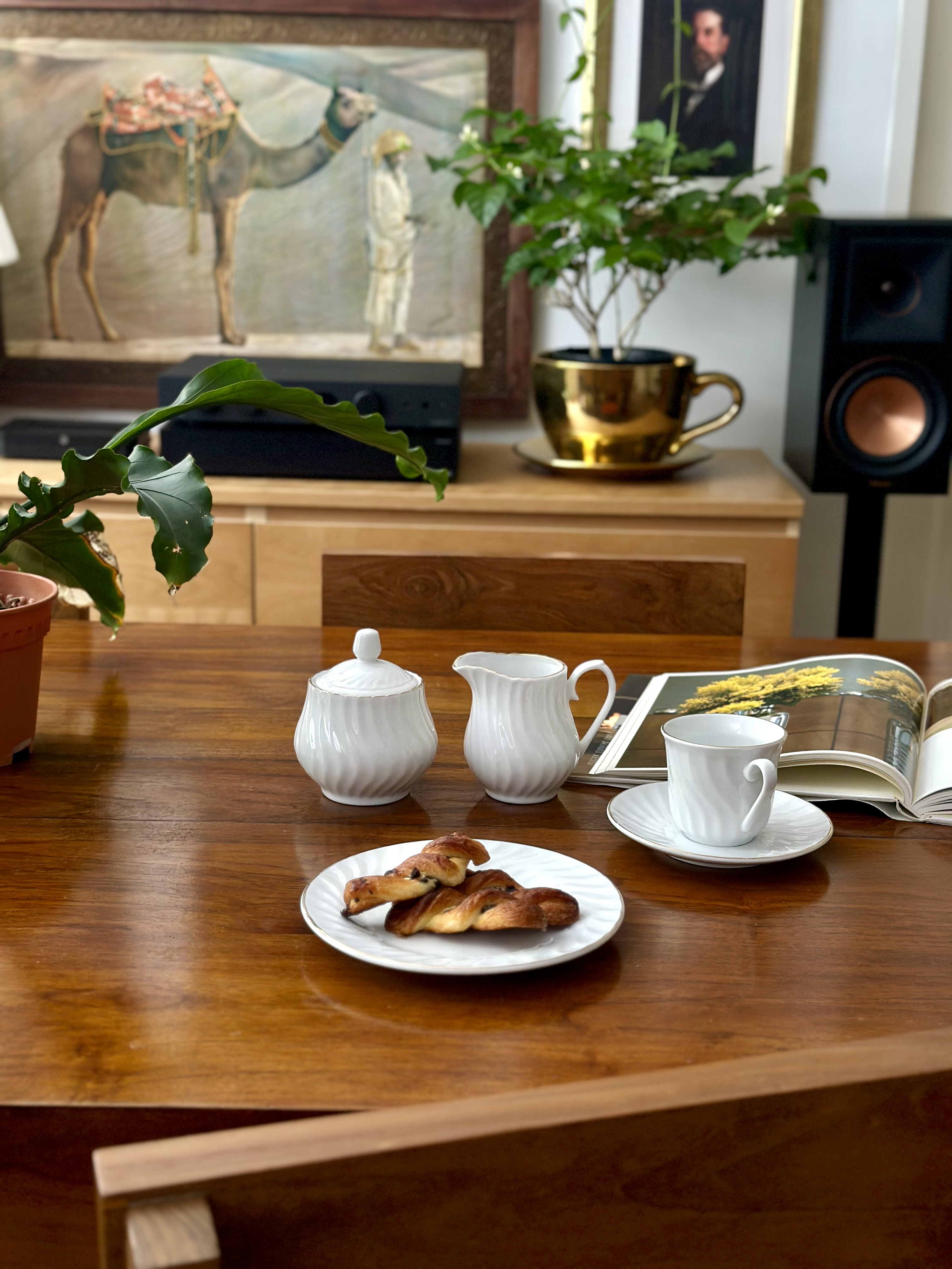 Where Houseplants Create a Cozy, Green Haven - White ceramic teapot, white ceramic pitcher, open book, golden pot, potted