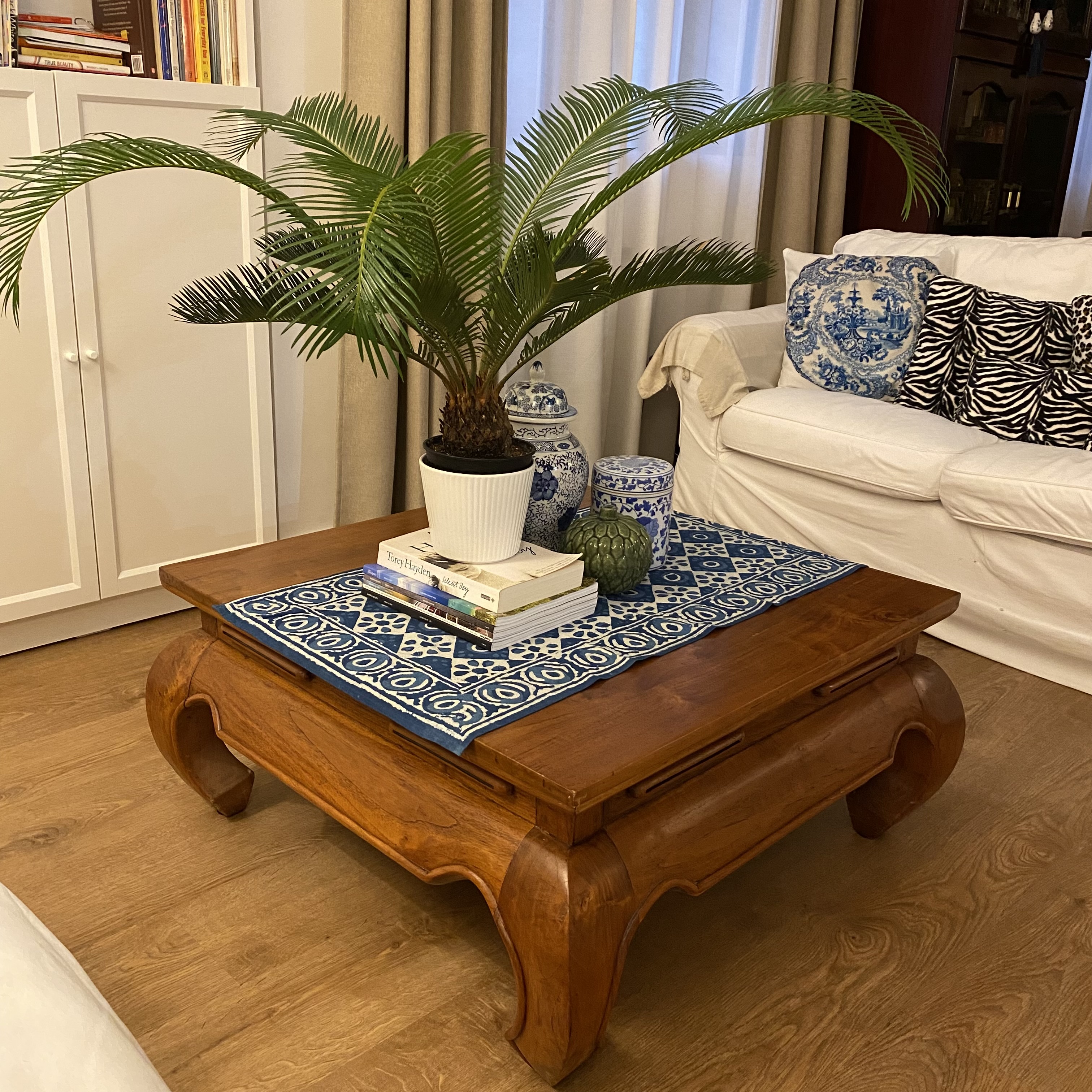Where Houseplants Create a Cozy, Green Haven - Wooden coffee table, blue and white patterned placemat, white sofa, potted