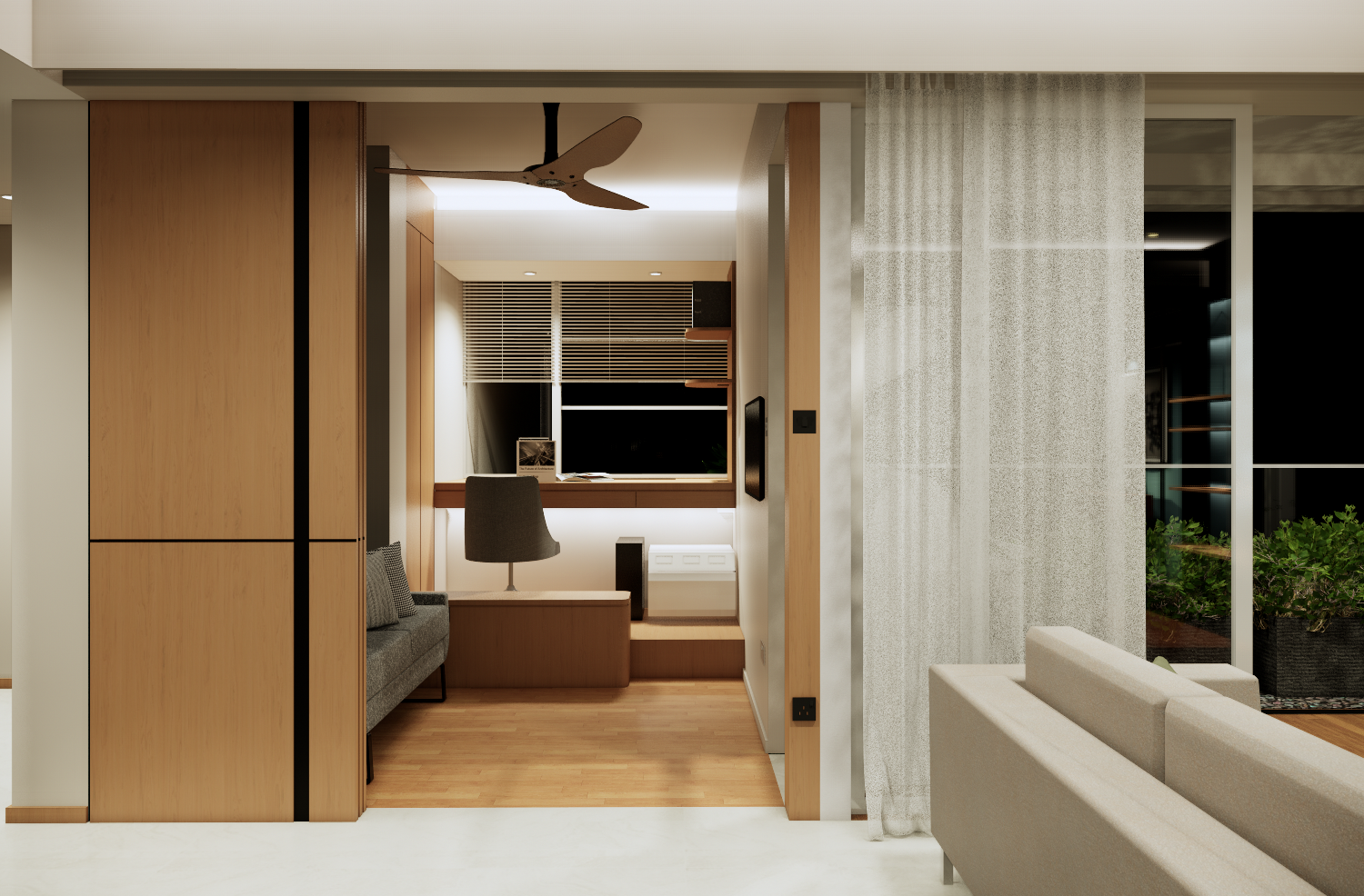 Redesigning an old condo unit to be inviting and warm - Modern minimalist living room, sleek wooden furniture, contemporary