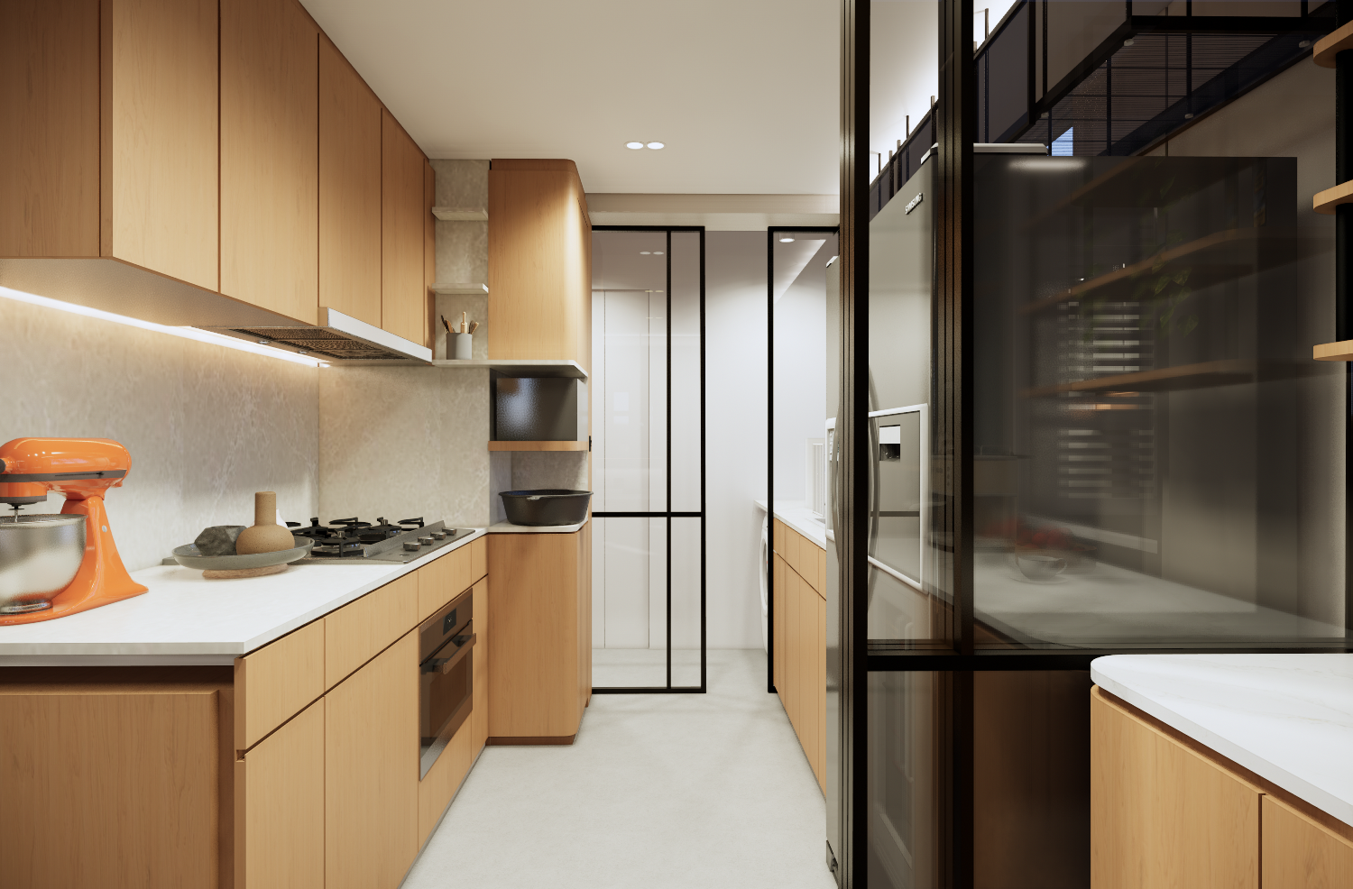 Redesigning an old condo unit to be inviting and warm - Wooden kitchen cabinets, modern appliances, white countertops, orange