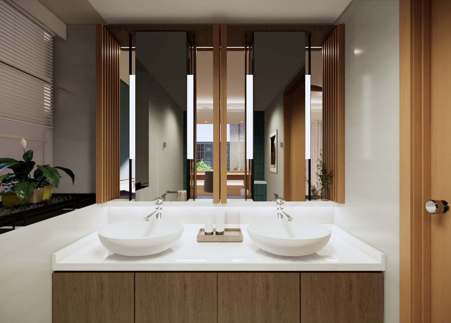 Redesigning an old condo unit to be inviting and warm - Modern minimalist bathroom, sleek design, large mirror, wooden