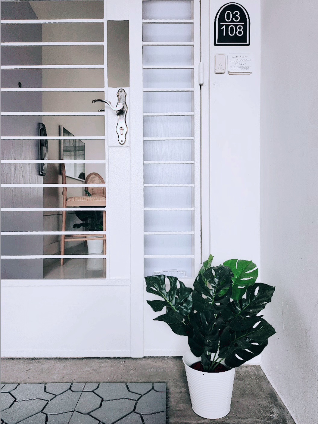 Move-a-round plants - White door with glass panels, black number 03 108 sign, indoor plant in white pot, gray doormat, modern
