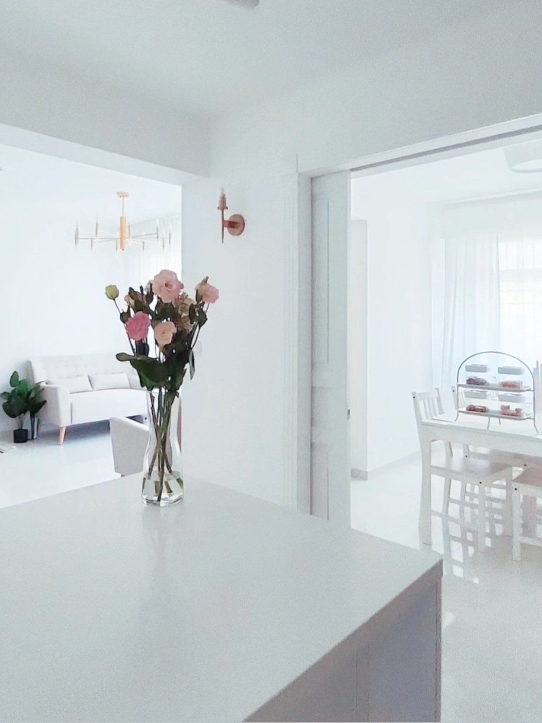 Move-a-round plants - White minimalist living room, modern dining area, bright and airy kitchen, white furniture, dining