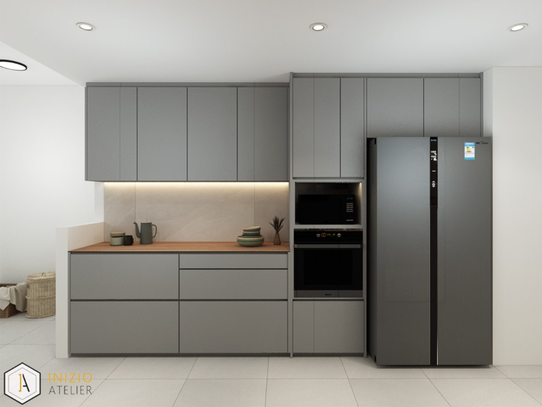 the heart of our home--Our kitchen! - Grey kitchen cabinetry, modern design, sleek appliances, stainless steel refrigerator