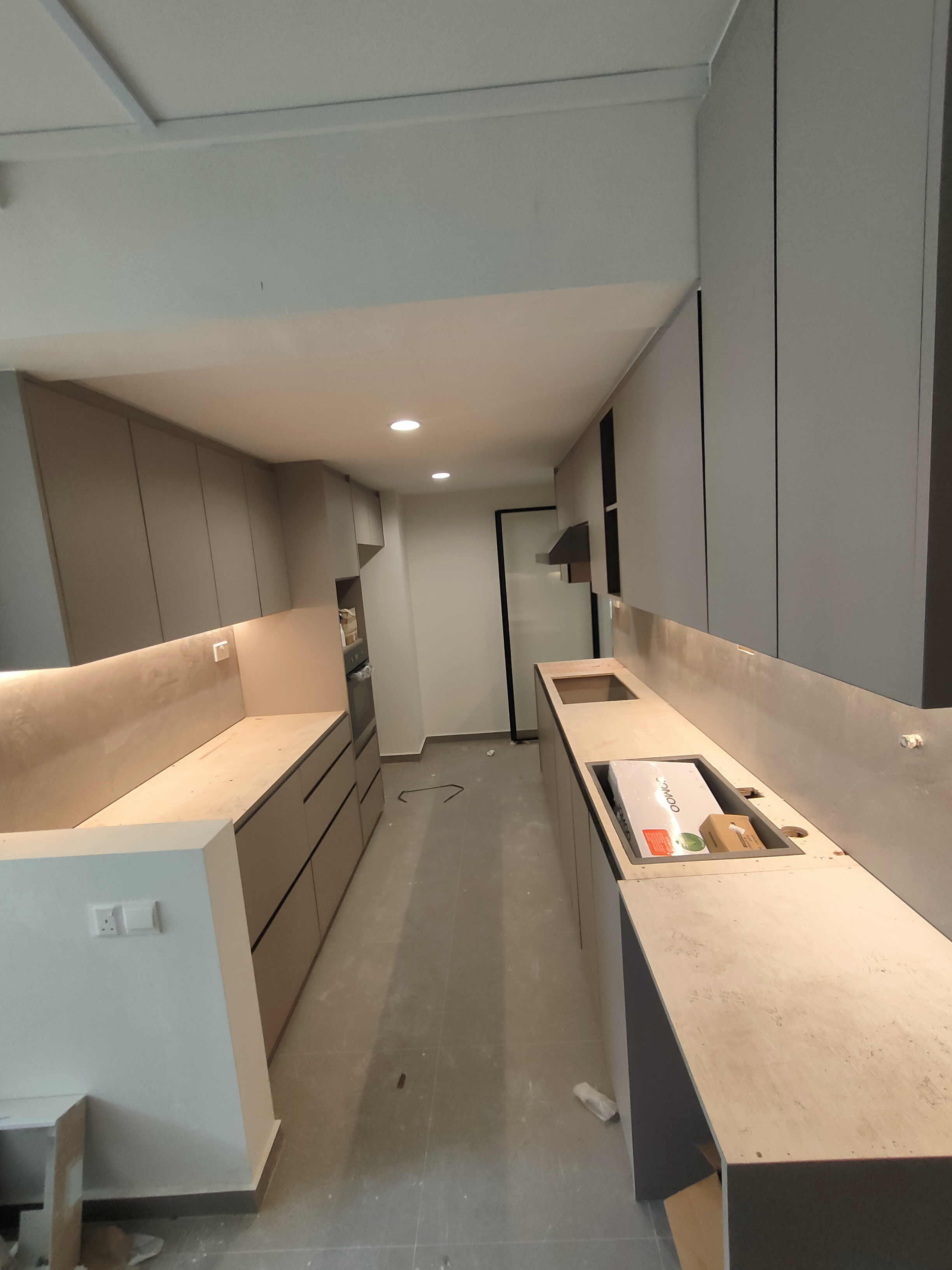 the heart of our home--Our kitchen! - Modern kitchen with beige cabinets, under-counter workspace, built-in appliances