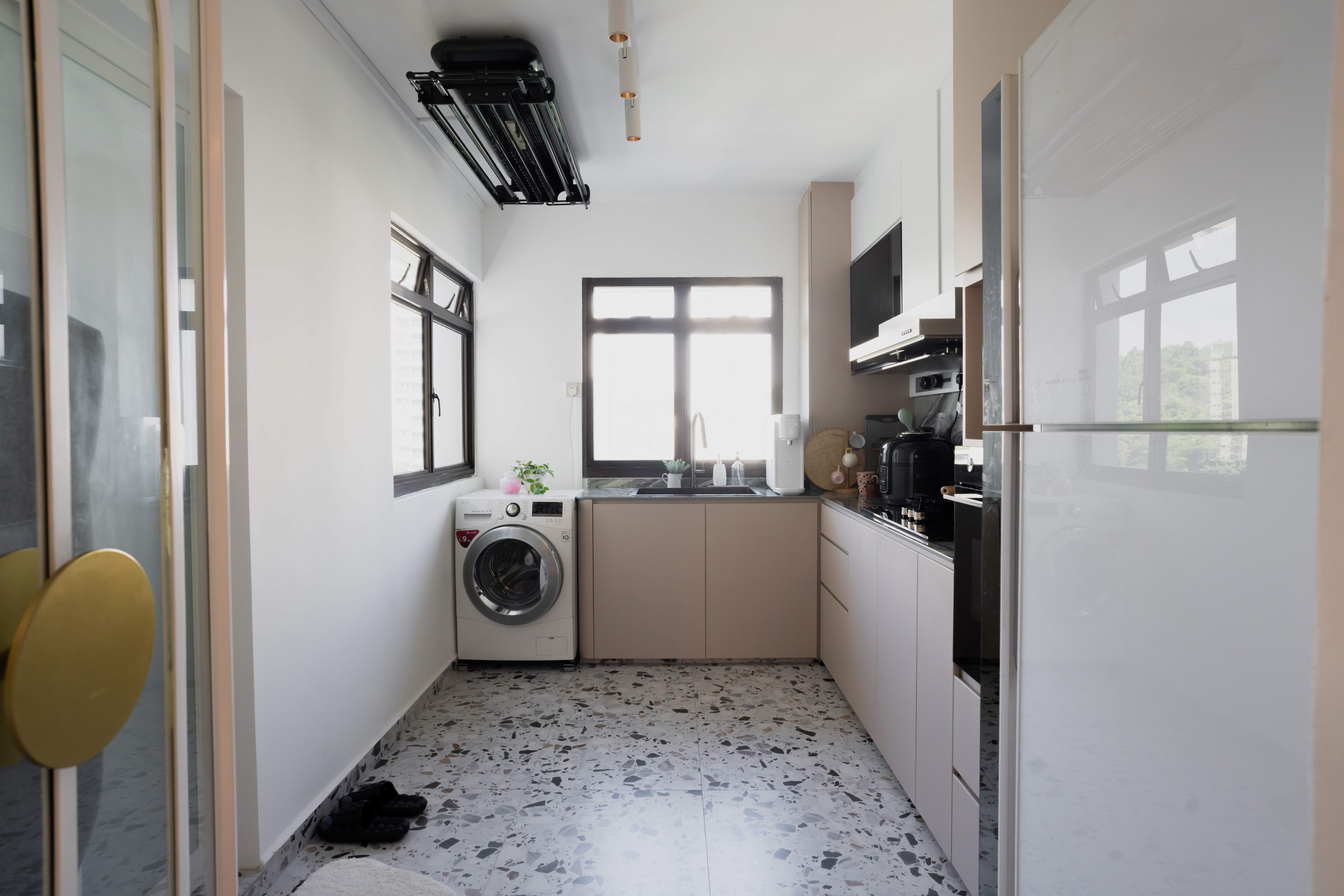 Kitchen Edition//  Terrazzo & Nature-Inspired Royal Peacock Marble - Modern kitchen with white cabinets and beige