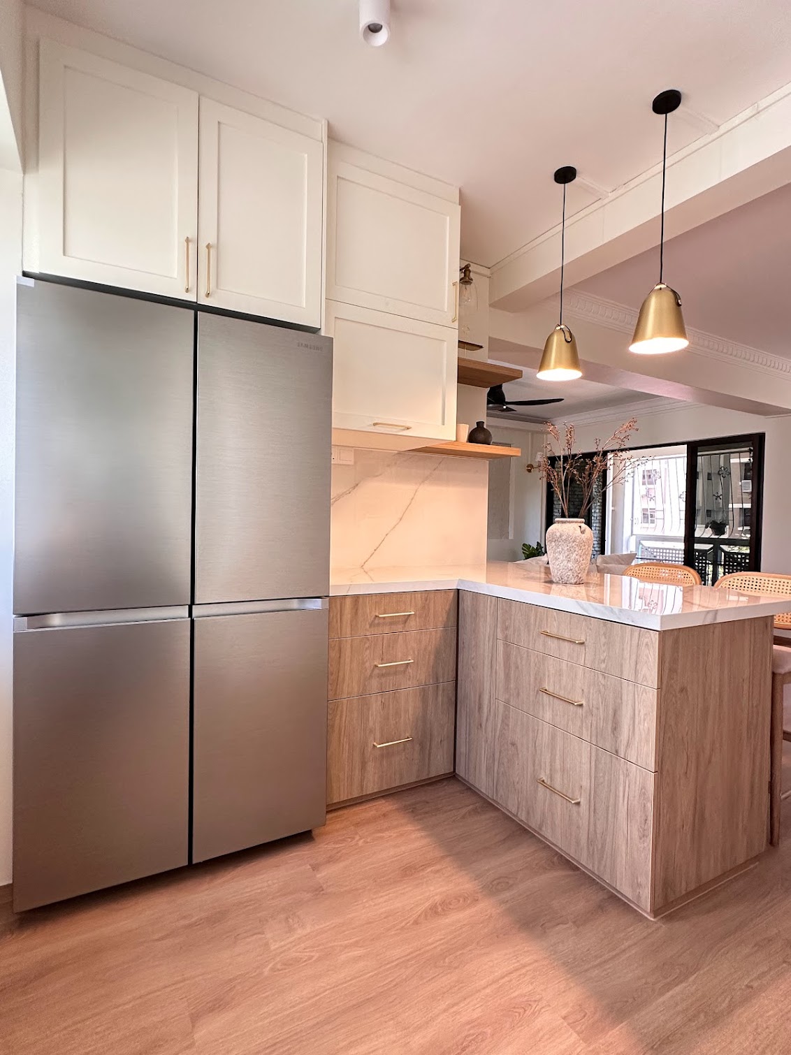 Take a Look at Our Dry and Wet Kitchens - Stainless steel refrigerator, white cabinetry, wooden countertops, modern kitchen