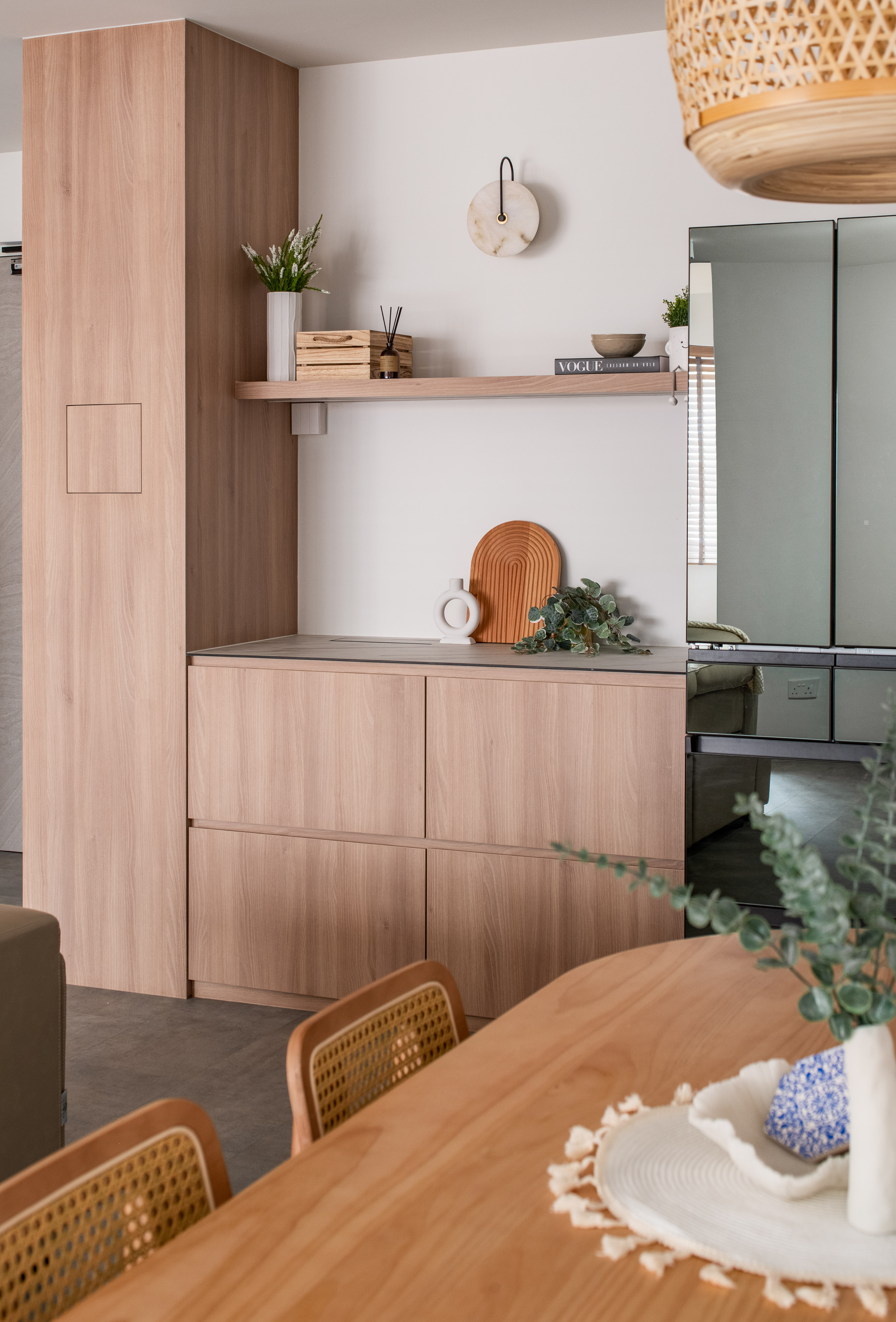 Embracing Japandi Design for a Tranquil Oasis - Wooden cabinet, minimalist design, modern decor, light wood finish, natural