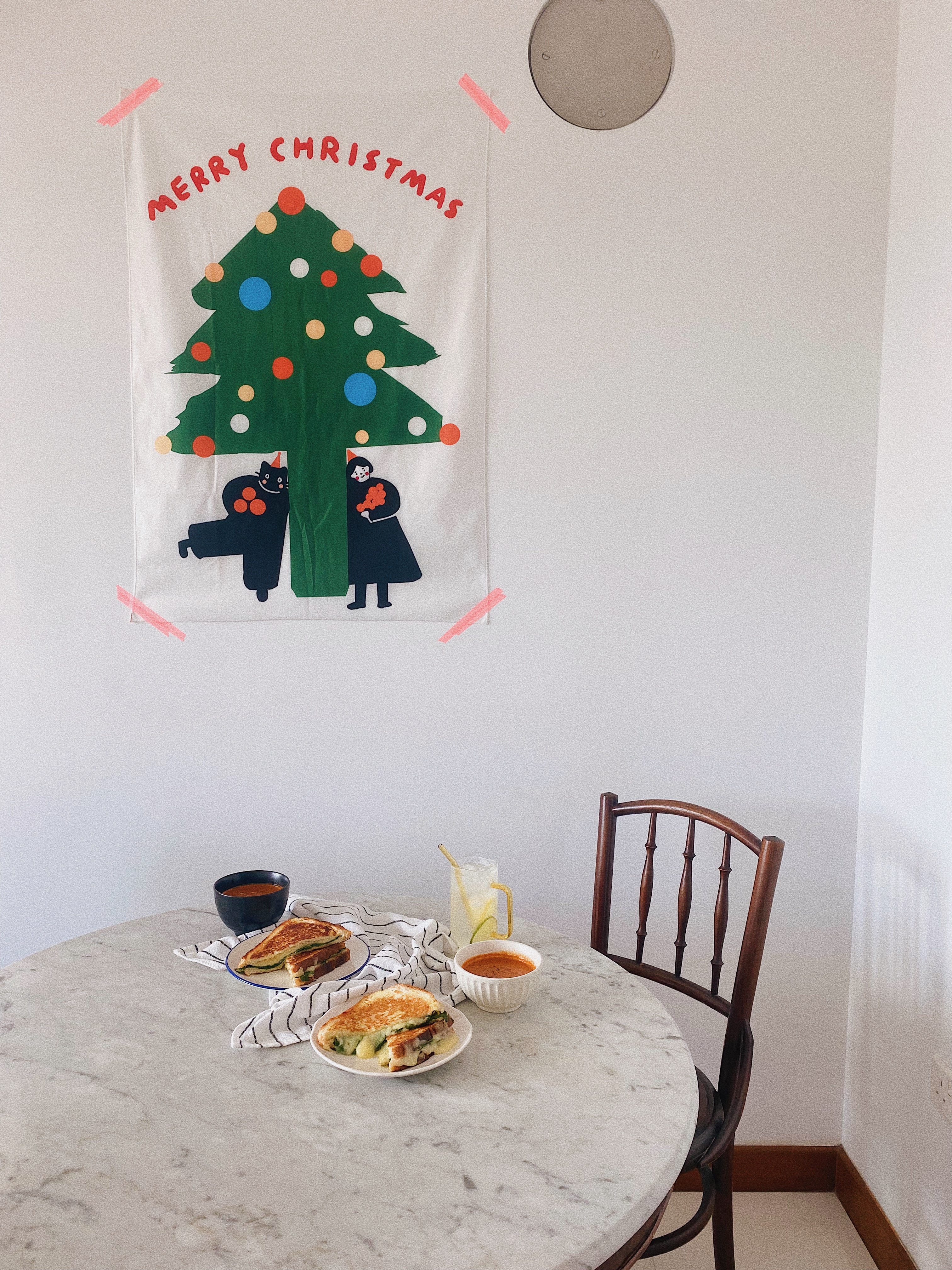 Love & Light: What Brings You Joy? - Merry Christmas banner, festive table setting, breakfast scene, sandwich and soup