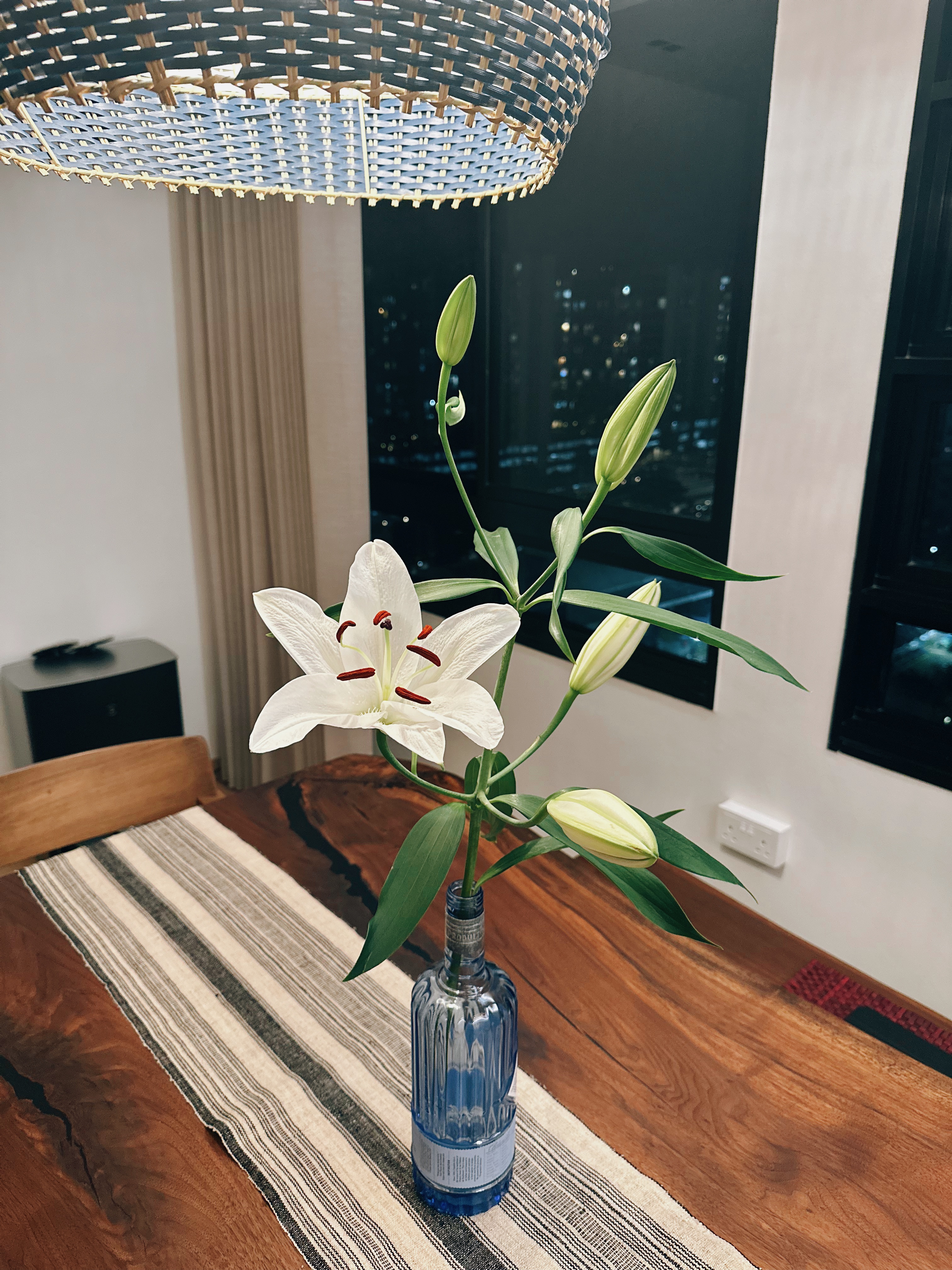 Flora and faux-na 🌱 - White lily flowers with green leaves in a blue glass bottle, wooden dining table with striped