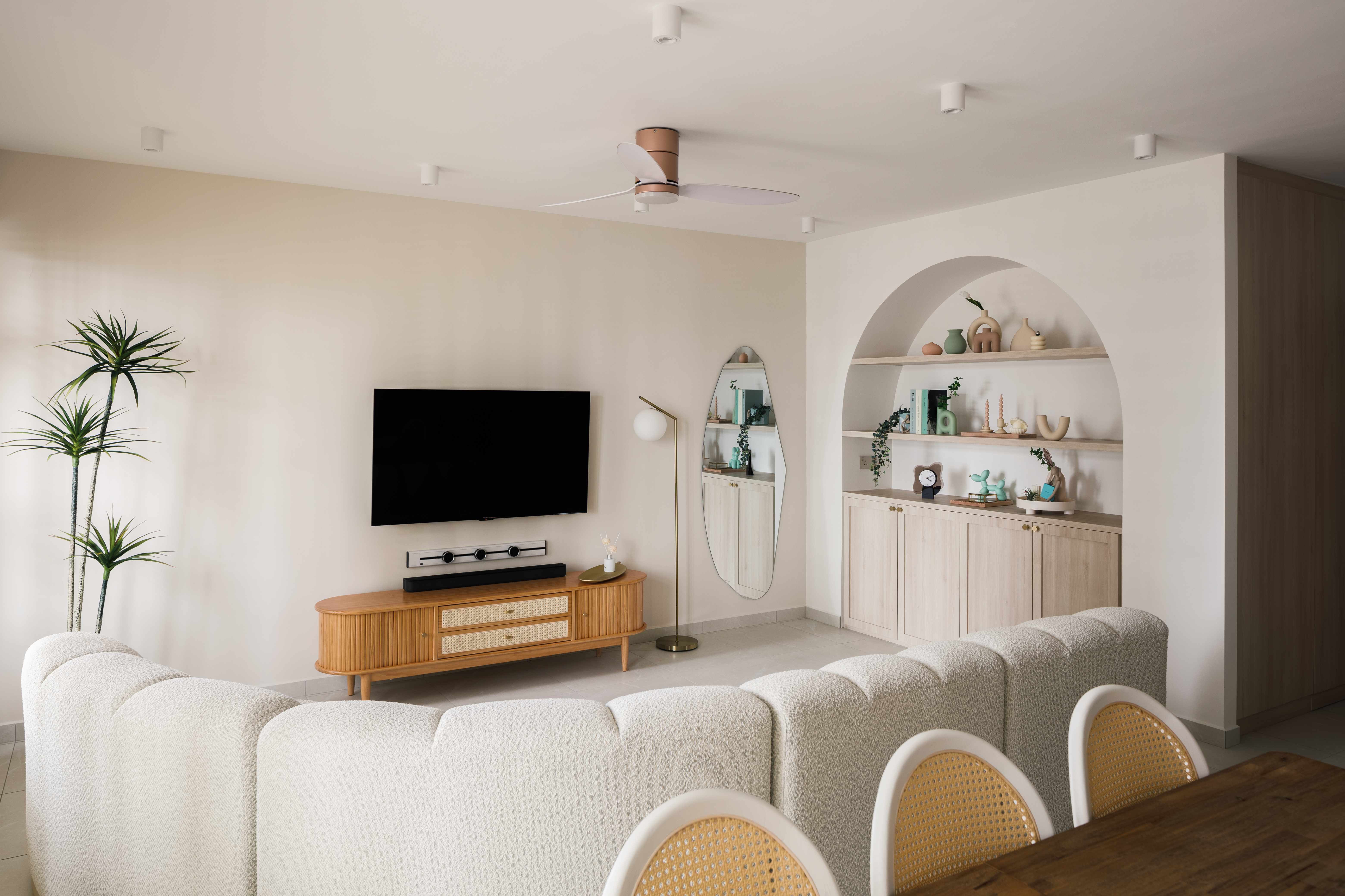 Modern Farmhouse Vibes: A Warm & Cosy 5 Room BTO   - Modern living room with minimalist design, beige walls, large