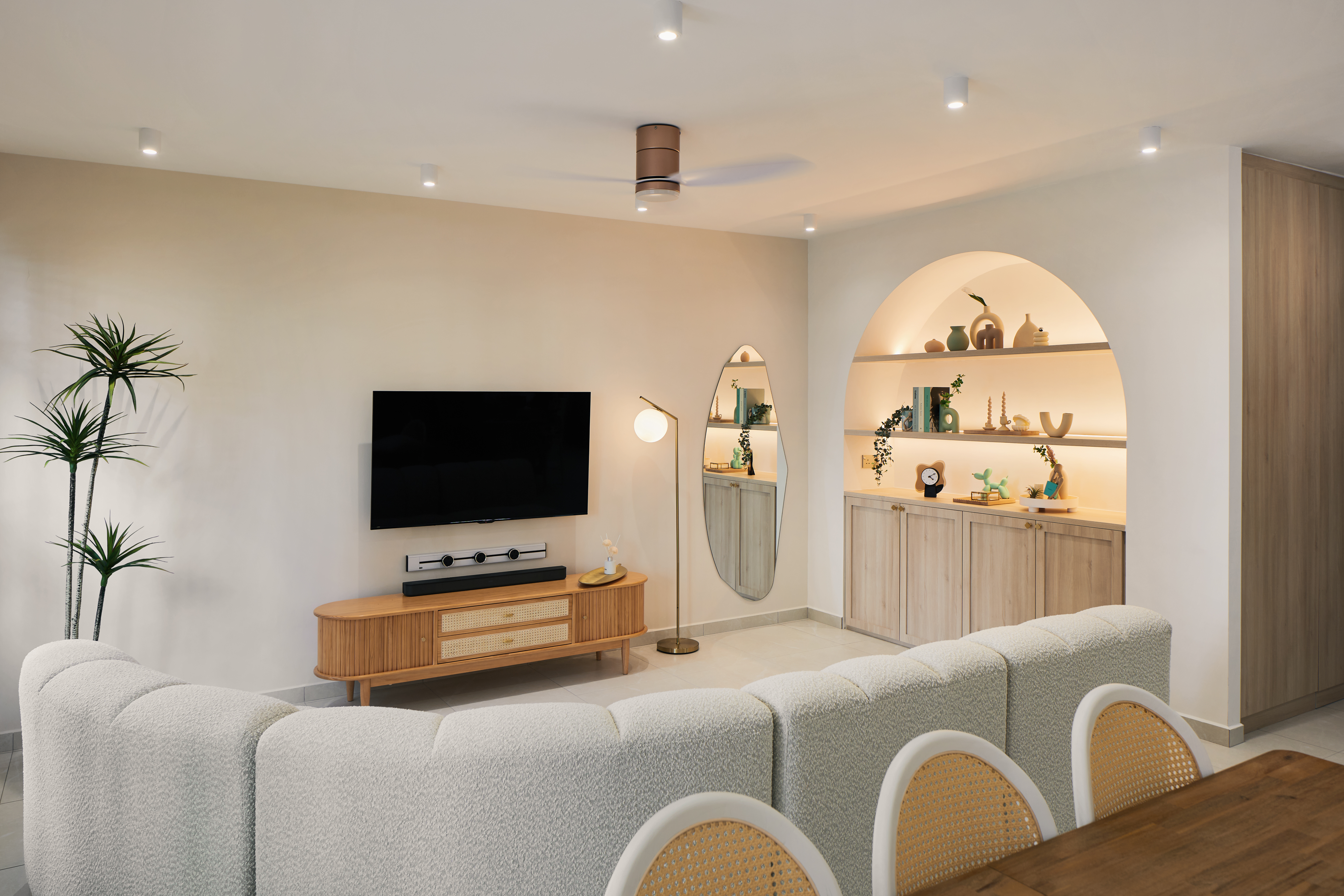 Modern Farmhouse Vibes: A Warm & Cosy 5 Room BTO   - Modern living room with minimalist design, beige walls, sleek ceiling