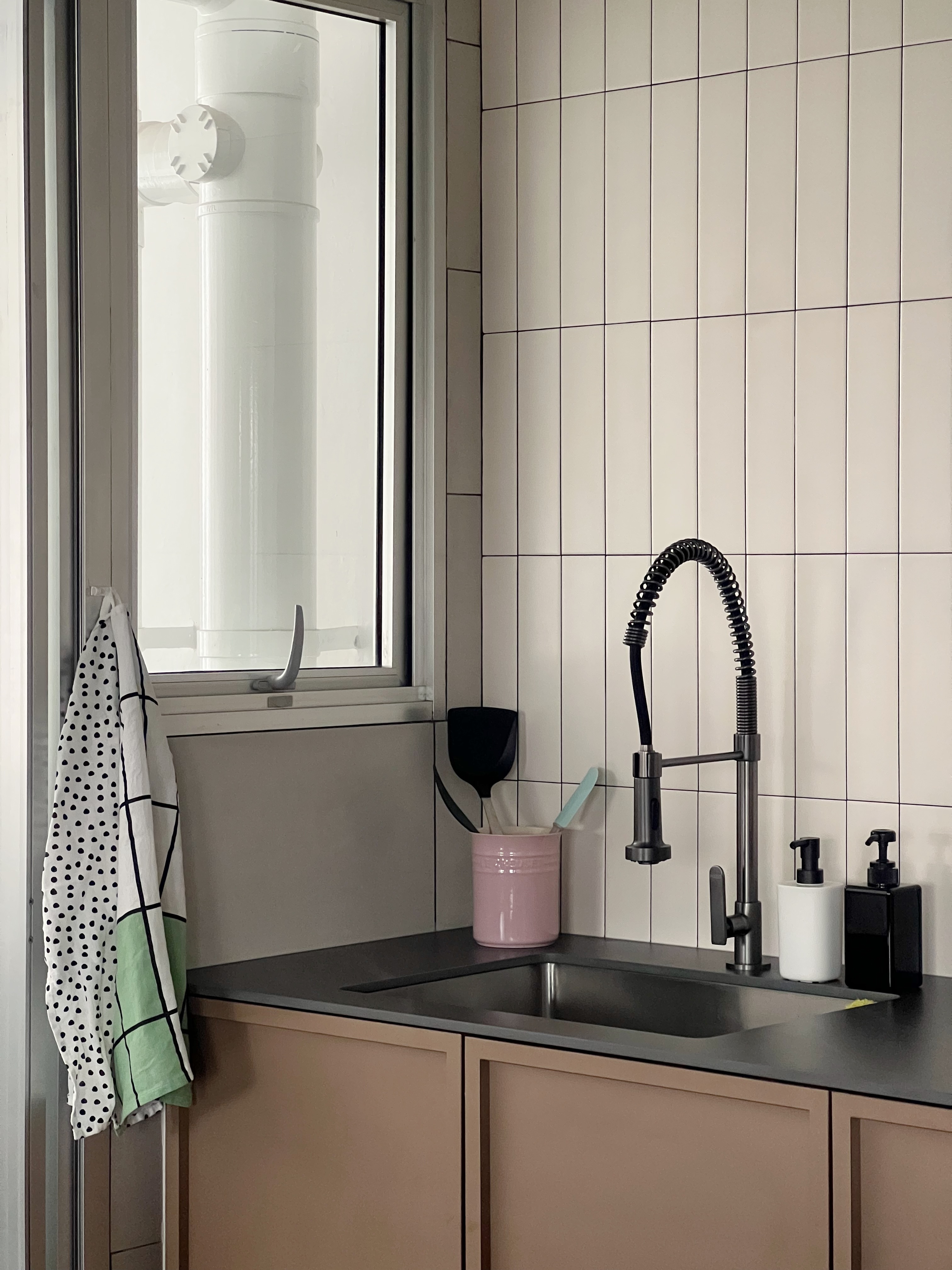 Our Topless Kitchen - modern kitchen, contemporary design, minimalist style, sleek fixtures, black faucet, stainless steel