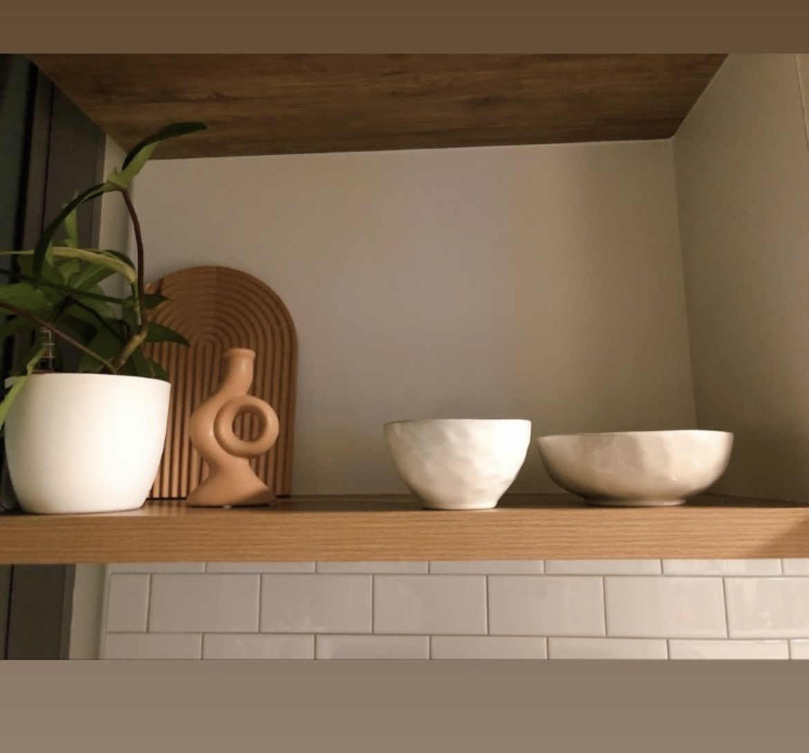Our small farmhouse kitchen - possibilities of a small kitchen space - vibrant green plant, wooden shelf, minimalist decor