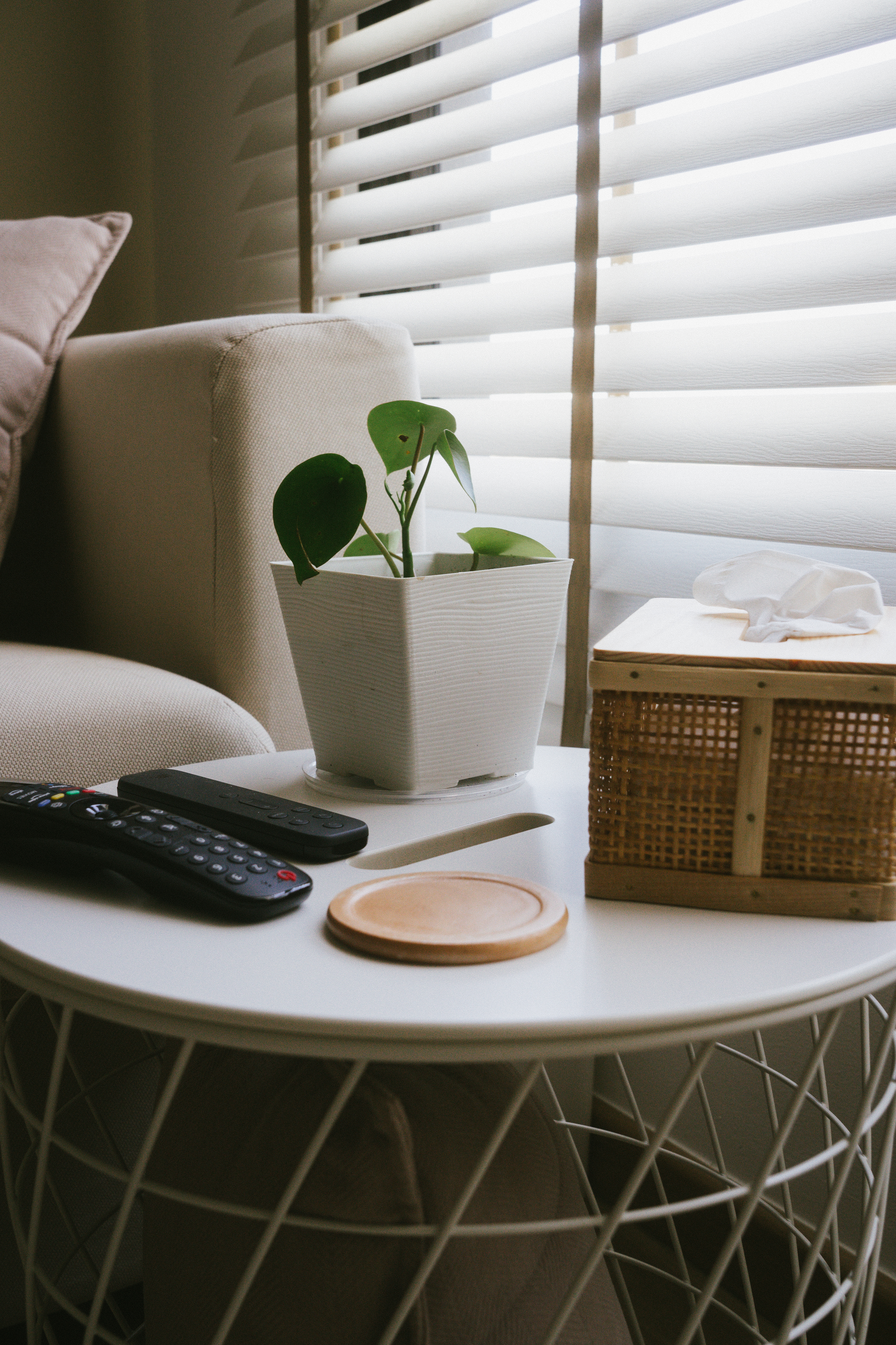 Green is the new black 🪴| Indoor plant tour | HDB Corridor "Balcony" - White round table, beige armchair, window blinds