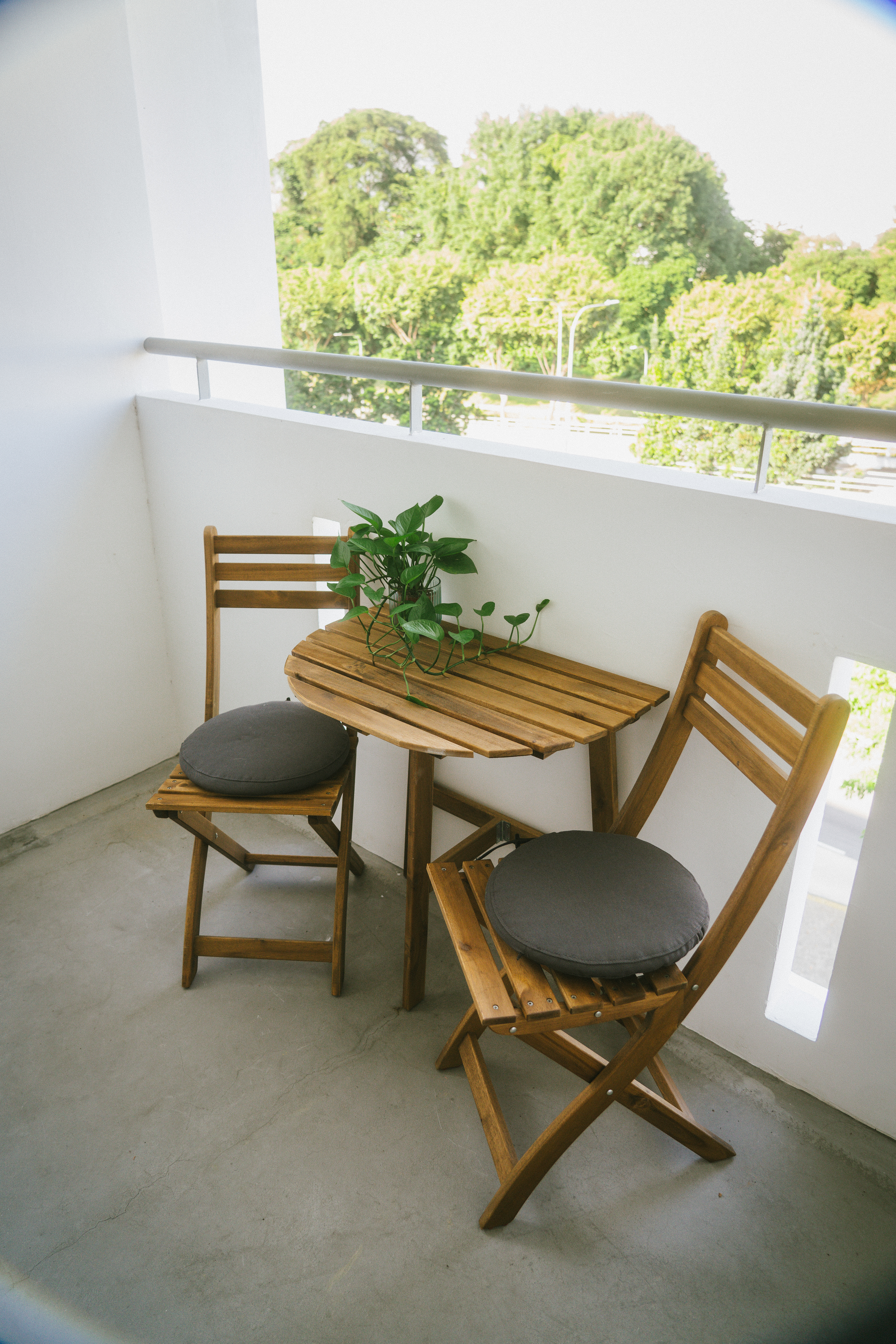 Green is the new black 🪴| Indoor plant tour | HDB Corridor "Balcony" - Wooden chairs with gray cushions, round wooden table