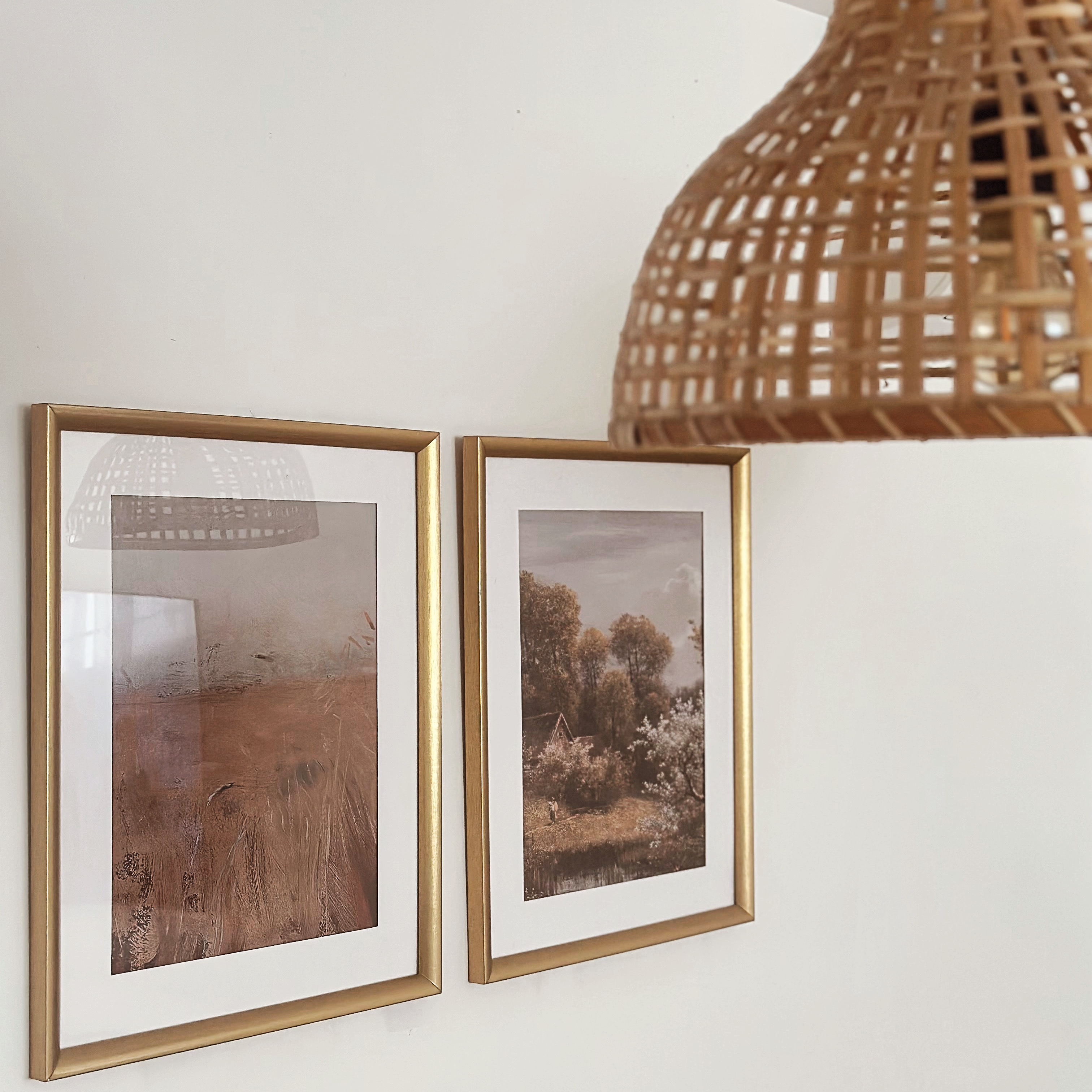 Warm & Cosy Minimal Dining Space - Golden frame, abstract art, nature scenes, vintage photographs, rustic decor, soft