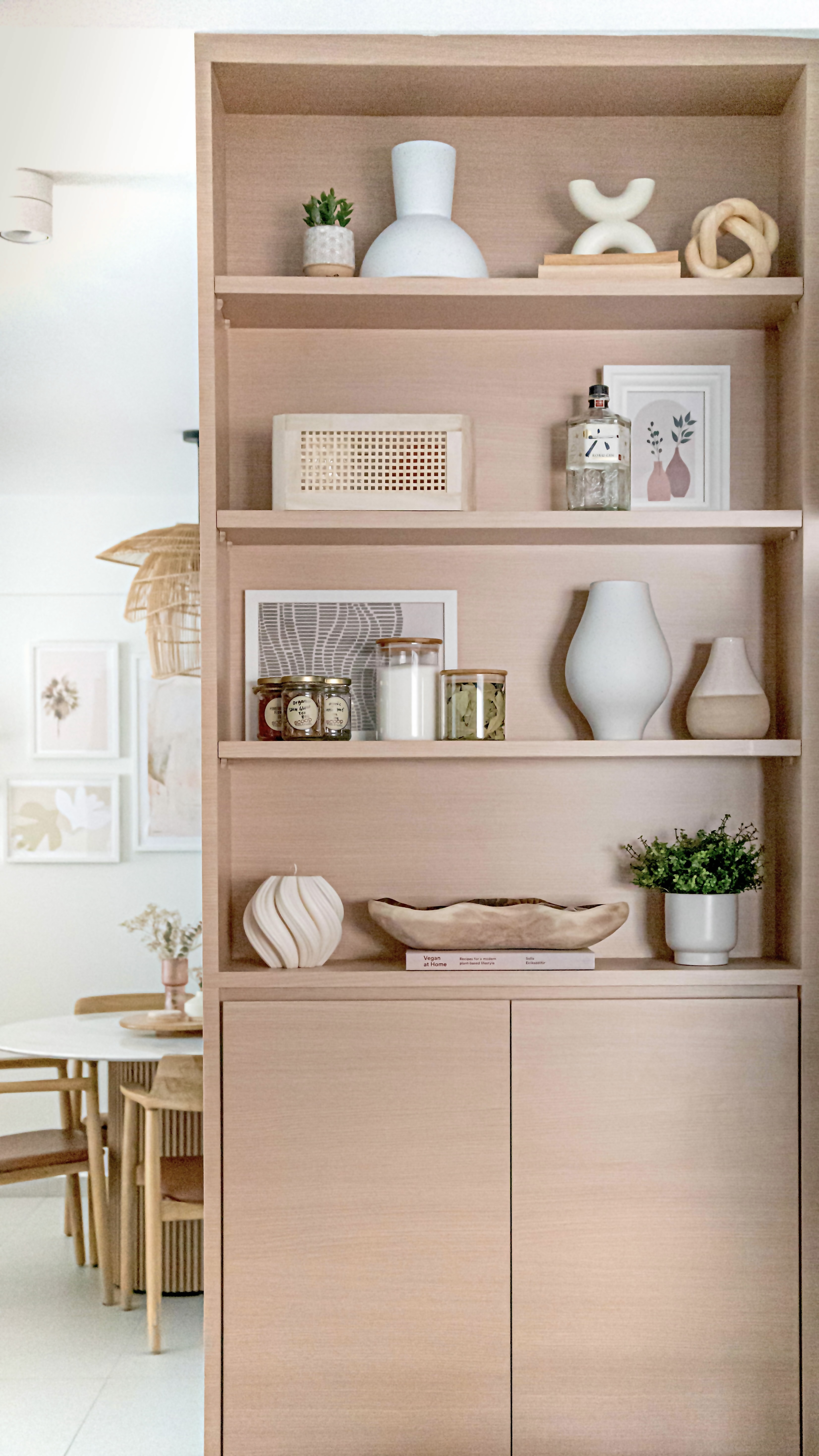 Resort Inspired Living & Dining Space @ GreenFoliage - Wooden shelf, minimalist decor, modern interior, light beige color