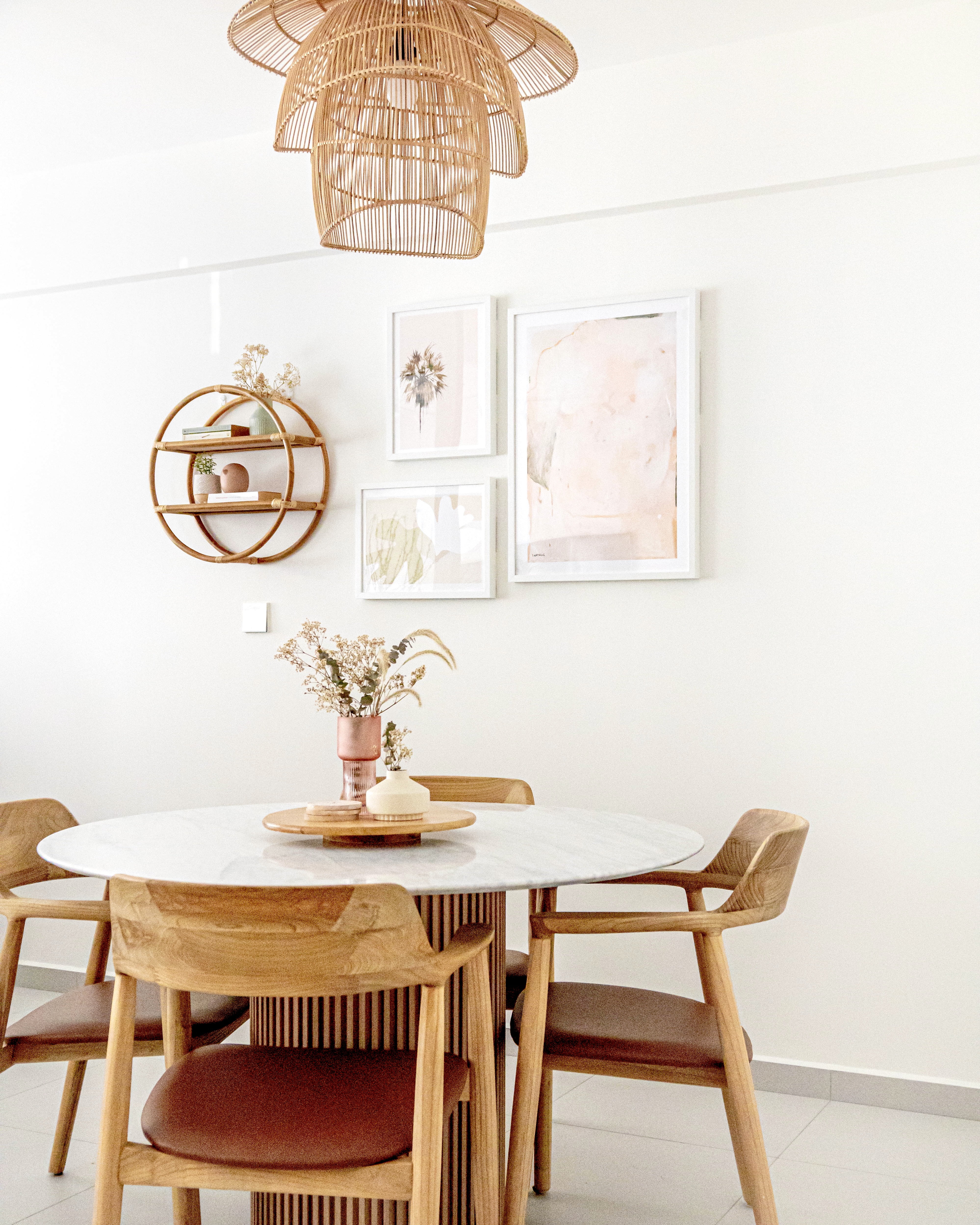 Resort Inspired Living & Dining Space @ GreenFoliage - Modern dining room, minimalist design, round marble table, wooden