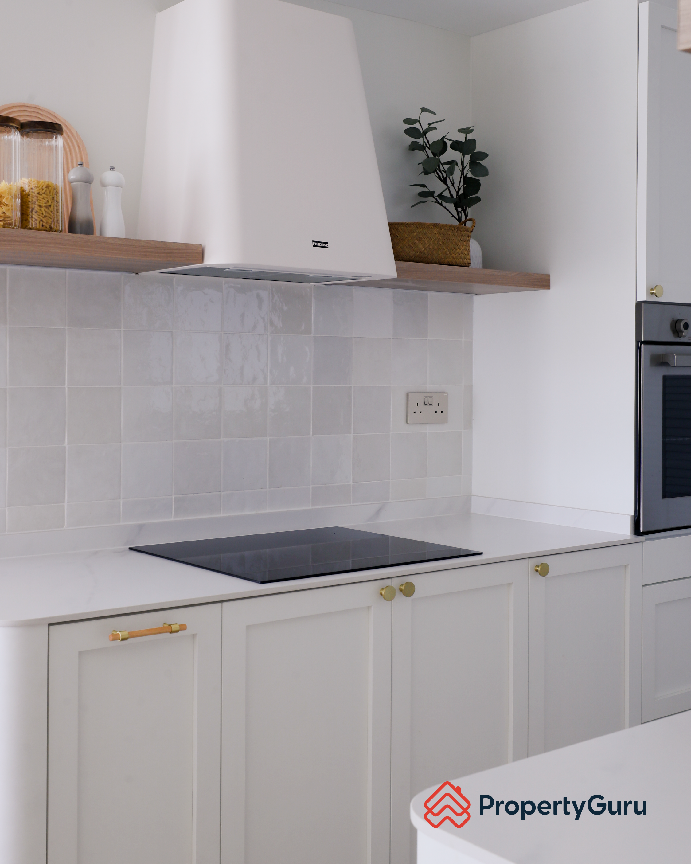 Our unconventional “ALL WHITE” kitchen with no top cabinets - White kitchen countertop, modern appliances, wooden shelf