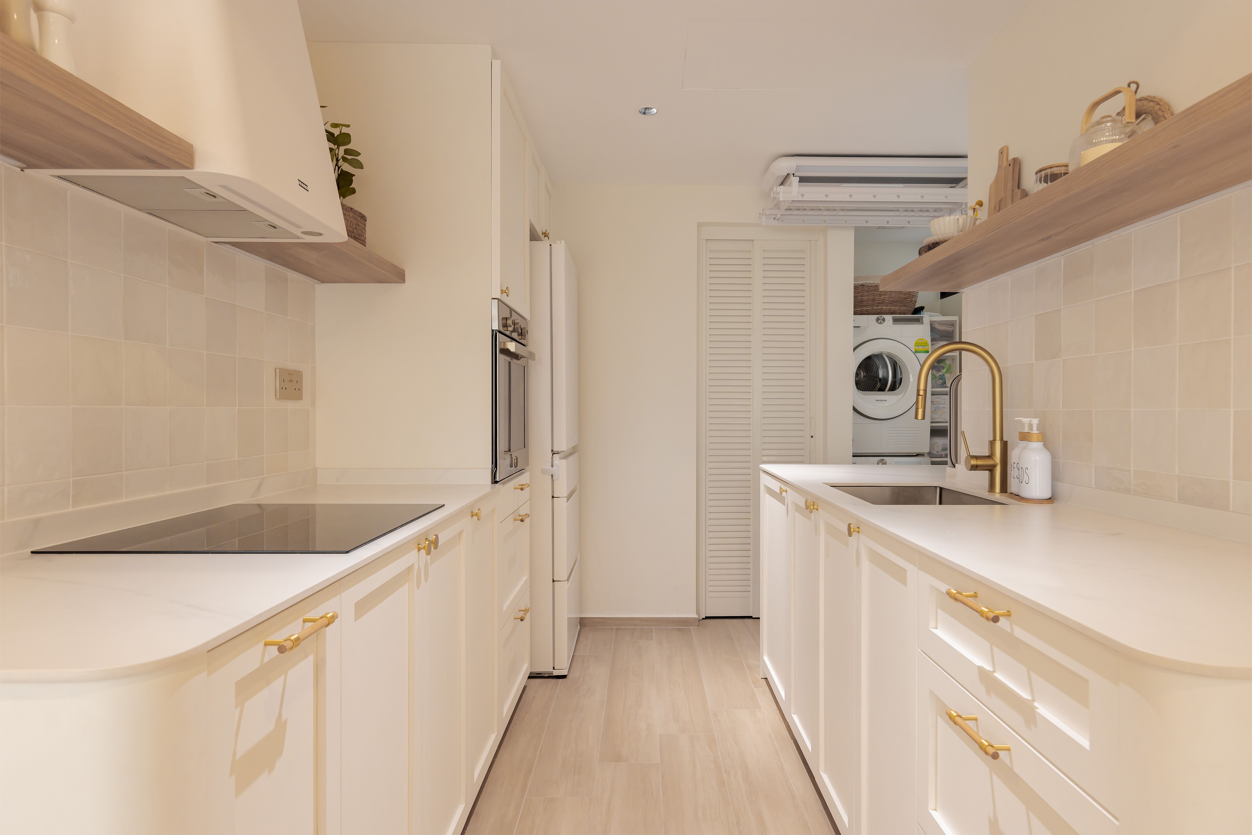 Our unconventional “ALL WHITE” kitchen with no top cabinets - White kitchen with wooden shelves, stainless steel appliances