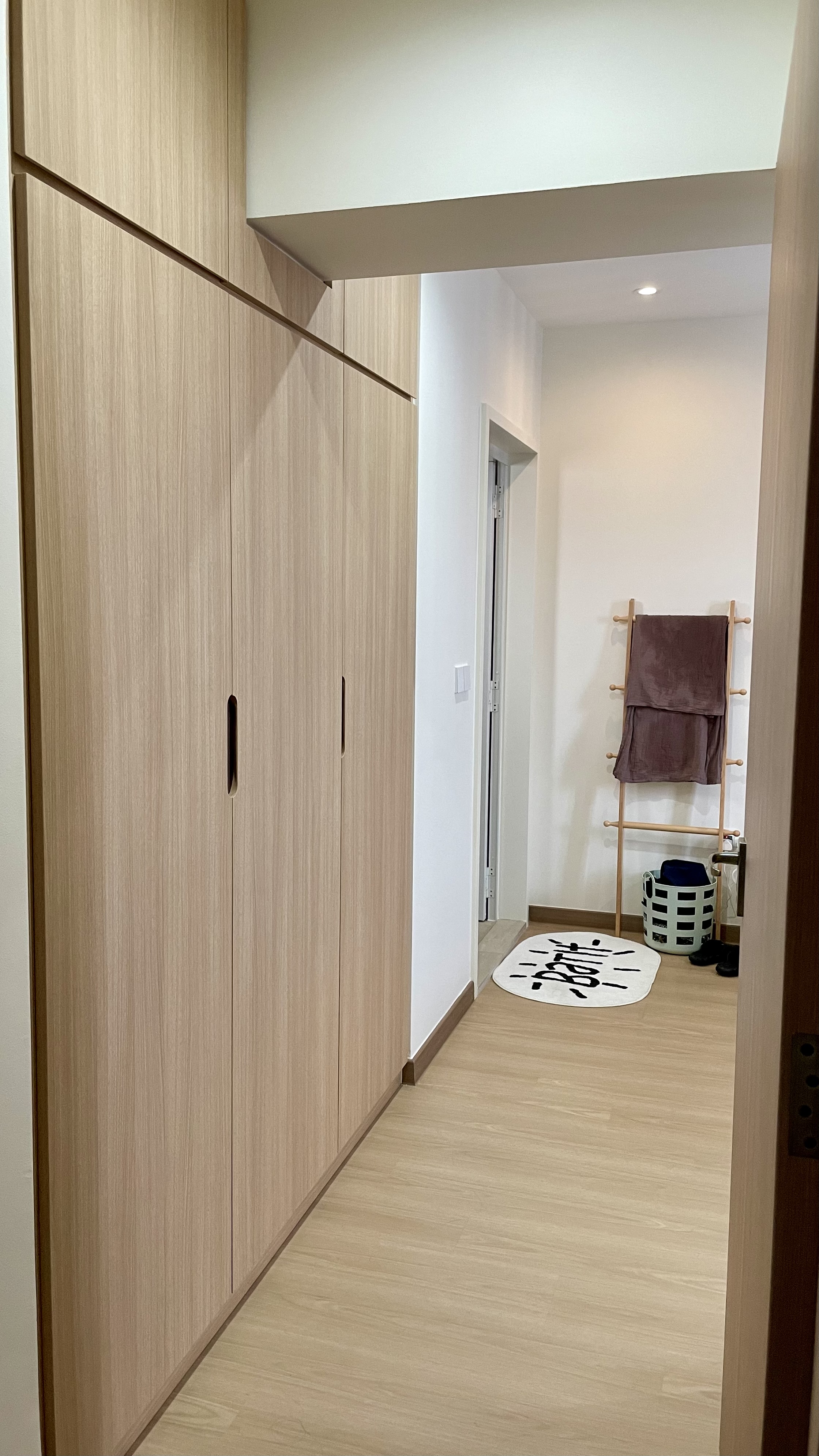 Our top floor, corner unit 4-rm BTO  - Wooden wardrobe, light beige color, sleek design, minimalist style, integrated