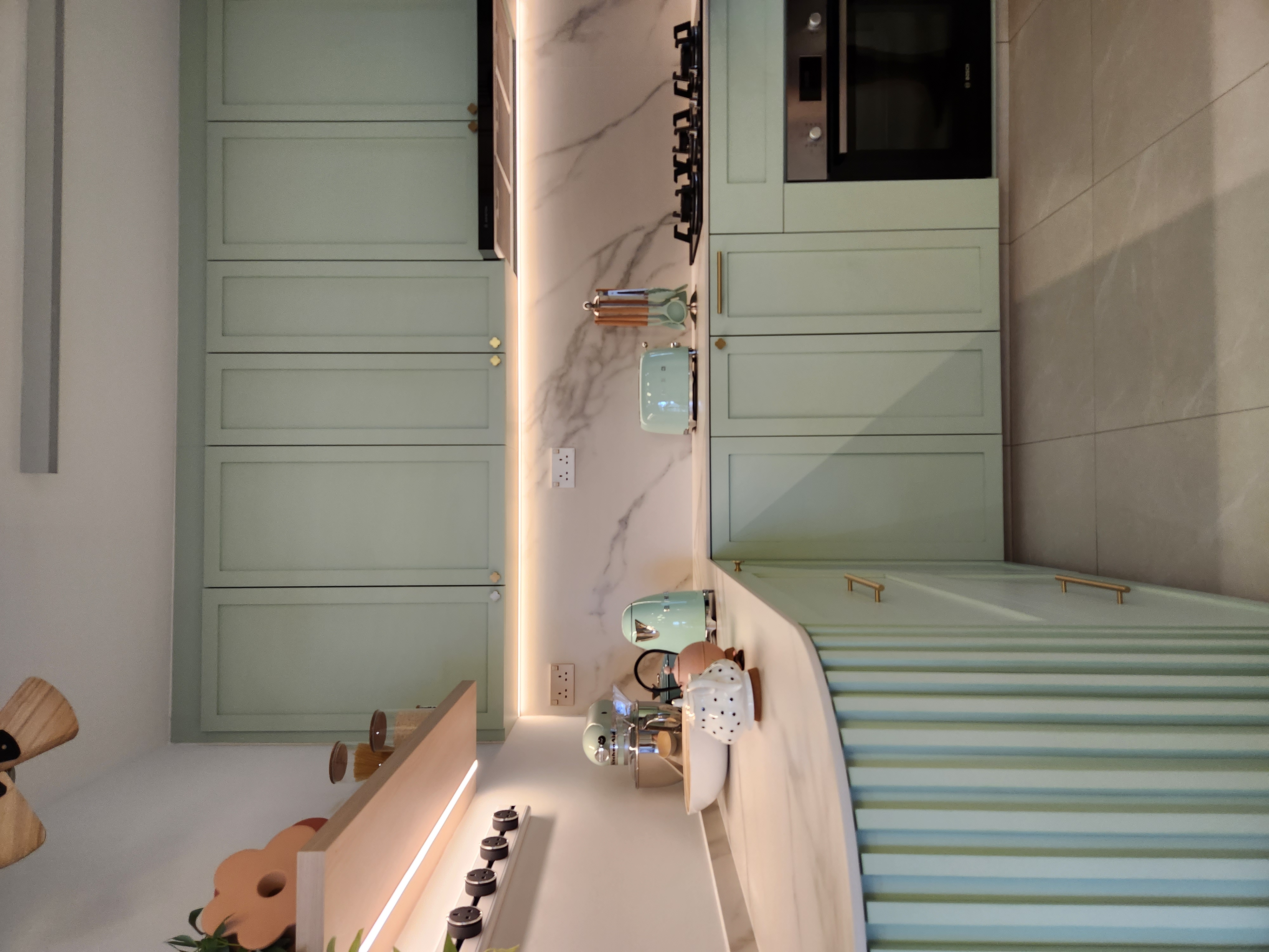 Modern Farmhouse Vibes: A Warm & Cosy 5 Room BTO   - Light green cabinets, minimalist design, modern kitchen, sleek