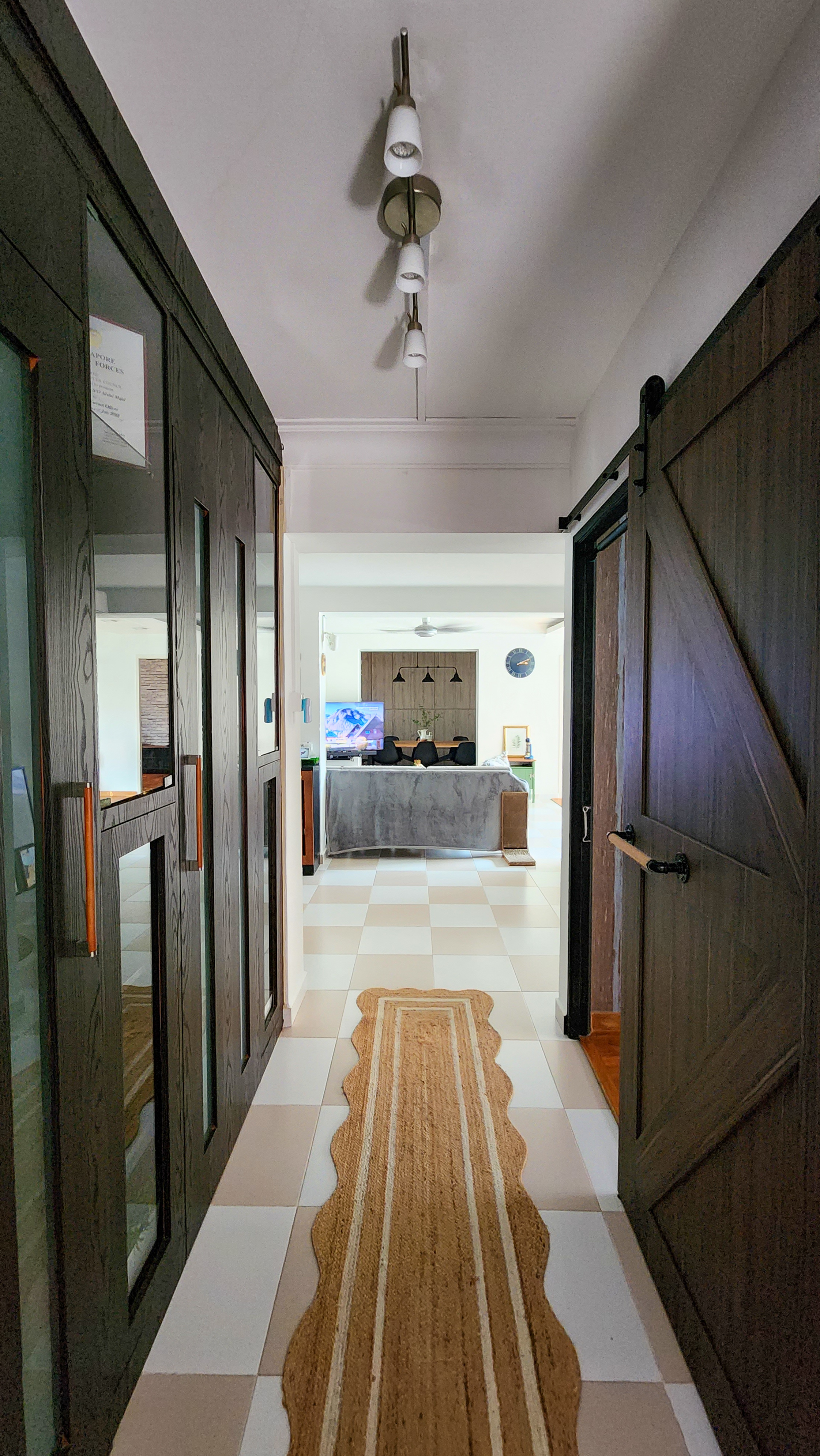 The Earthy Kitchen - Wooden doors, hallway, tiled floor, wavy rug, modern design, cozy atmosphere, natural light, ceiling