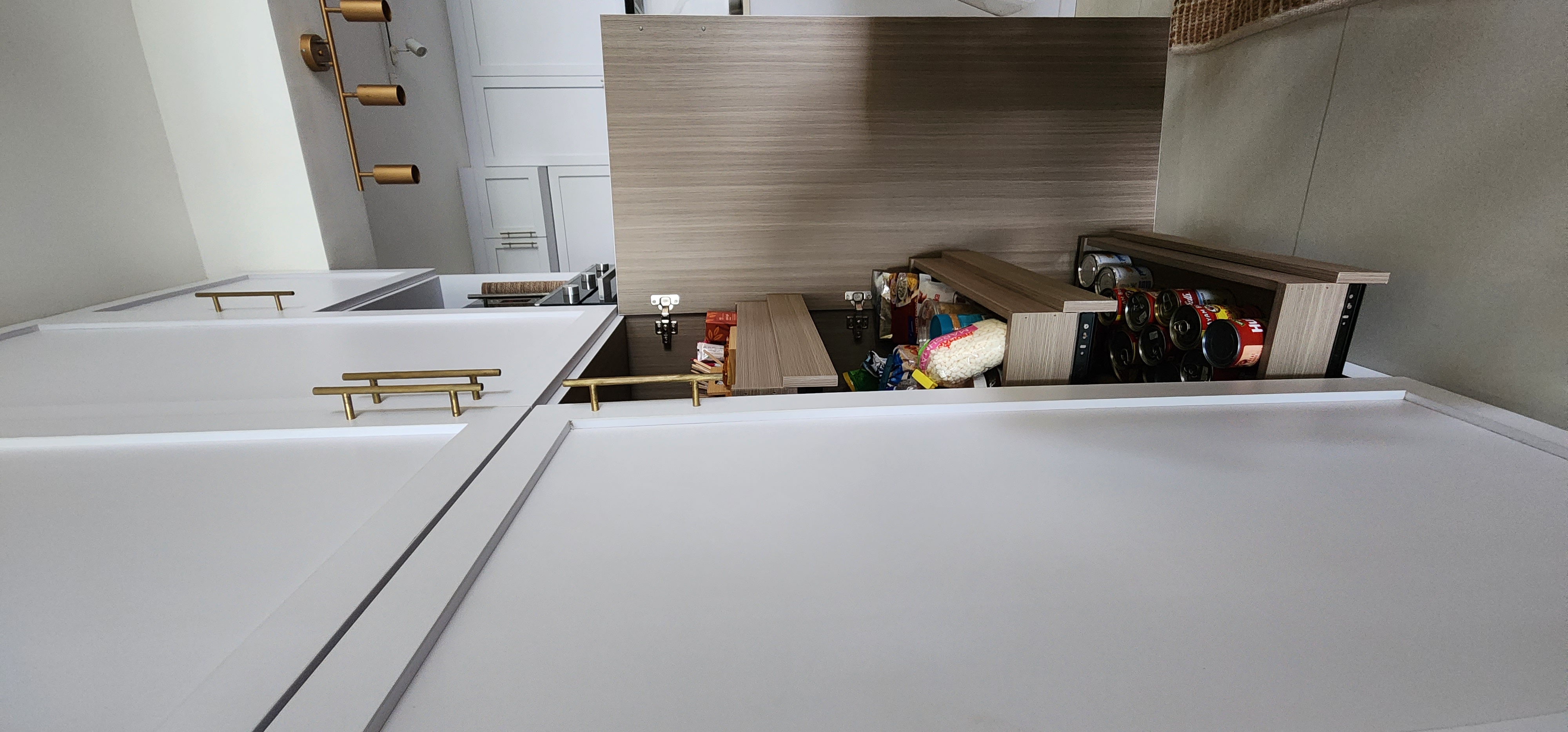 Kitchen is the heart of our home - Modern kitchen with sleek design, minimalist decor, open storage space, floating shelves