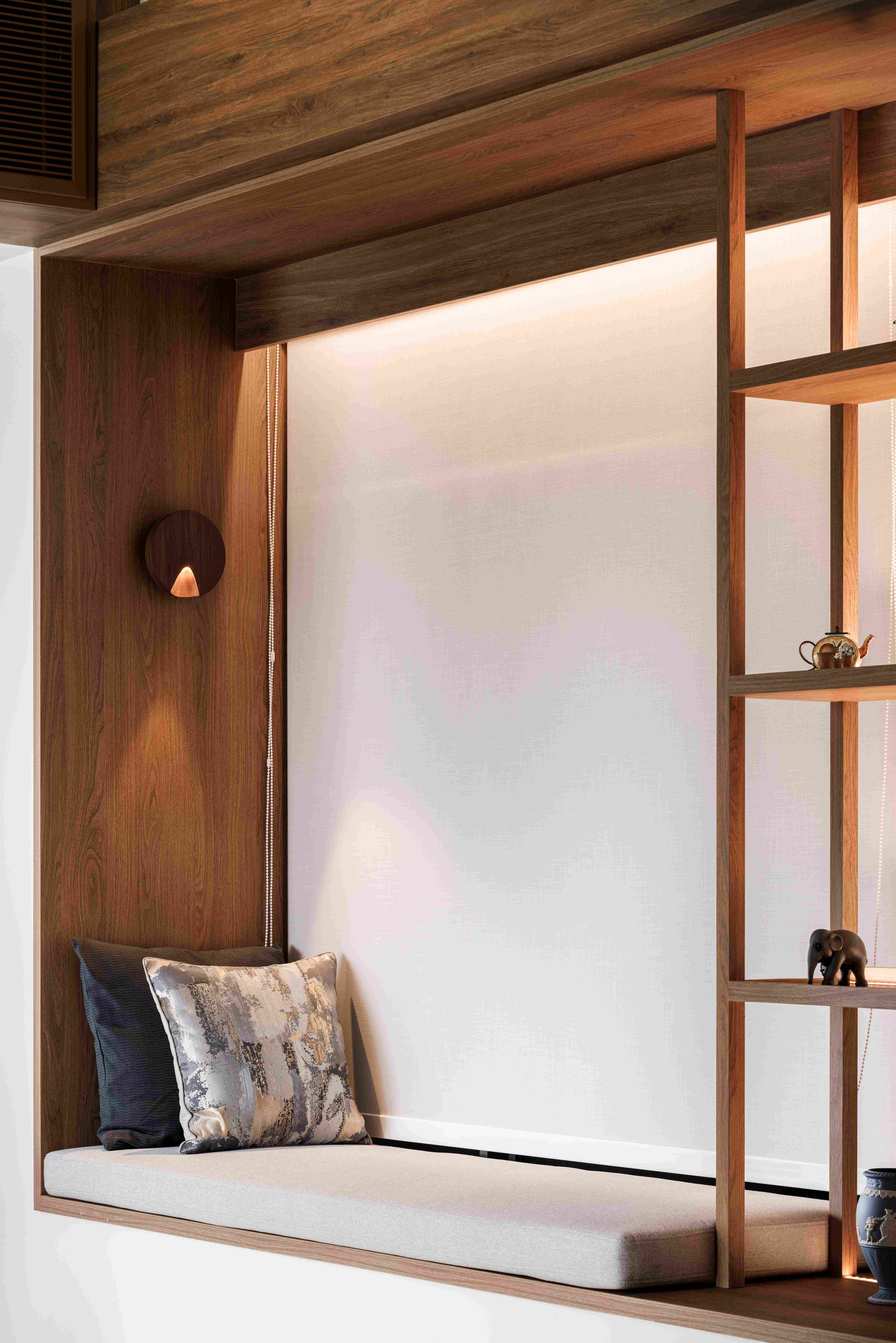 Transforming an old home to emphasise its calmness & warmth - Wooden accent wall, modern interior design, cozy seating area