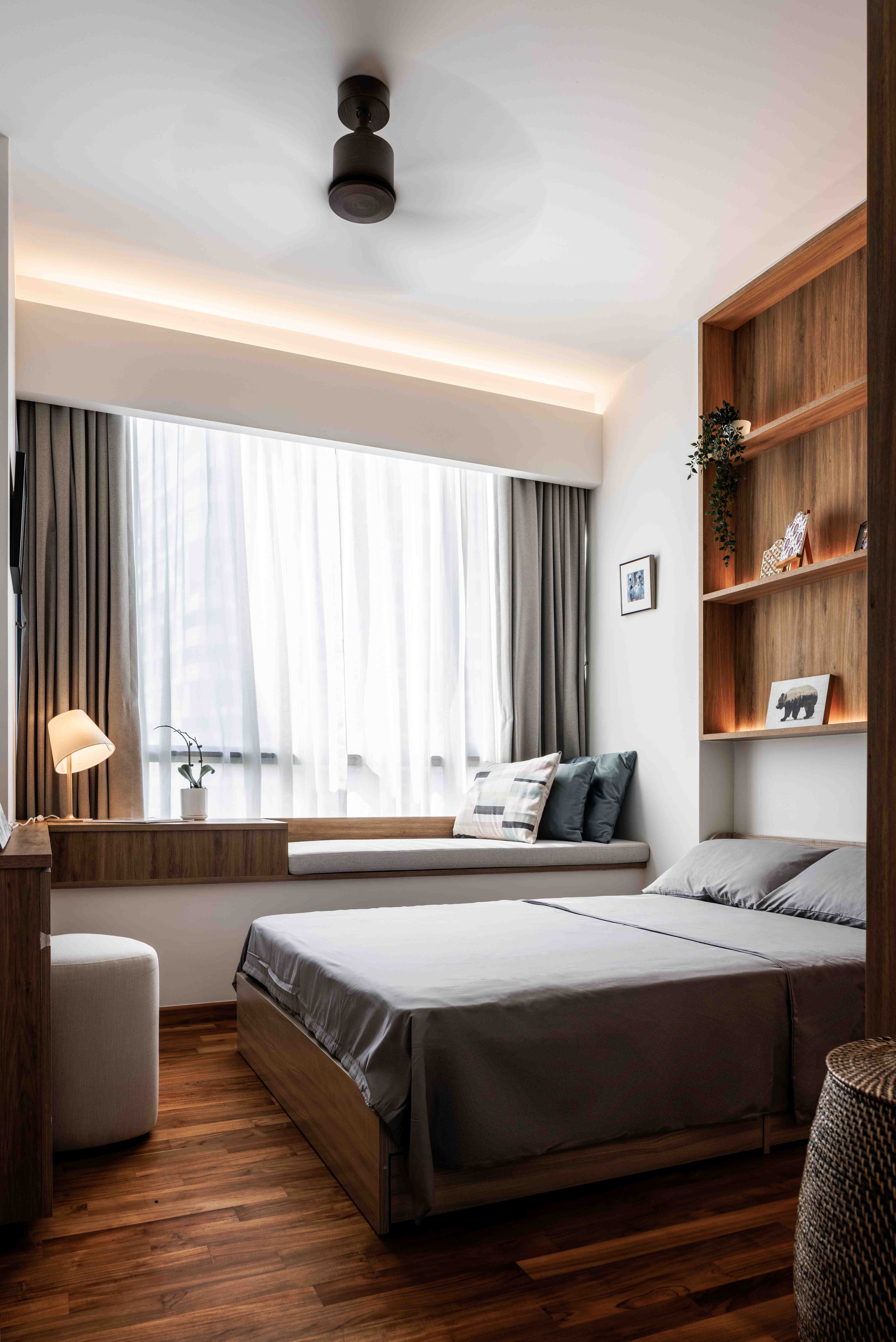 Transforming an old home to emphasise its calmness & warmth - Modern bedroom with wooden furniture, large window with sheer