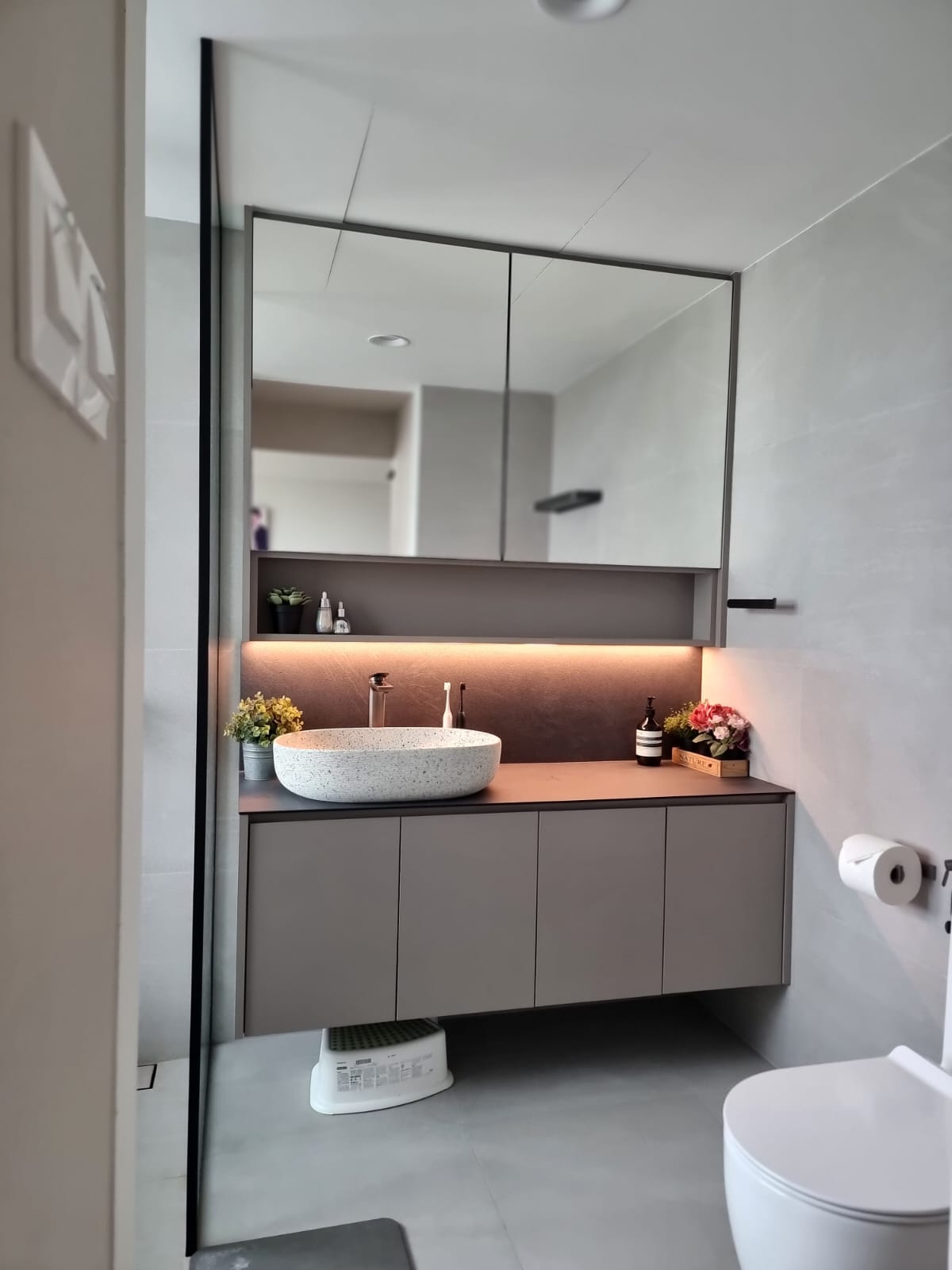 No need to go for hotel staycations when our toilet looks like this! - Modern minimalist bathroom, sleek vanity, floating