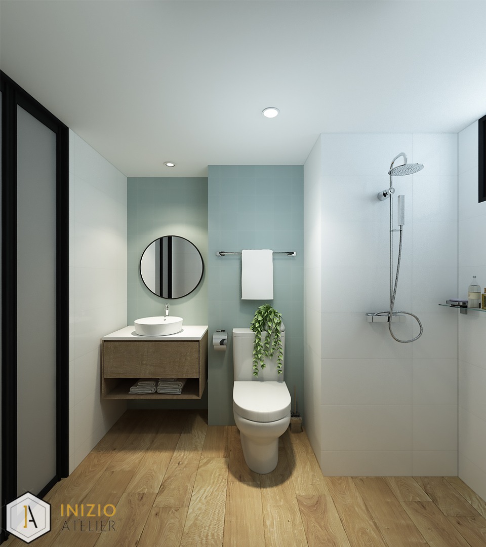 The most expensive tile is in this toilet!  - Modern minimalist bathroom, sleek design, floating vanity, round mirror, white