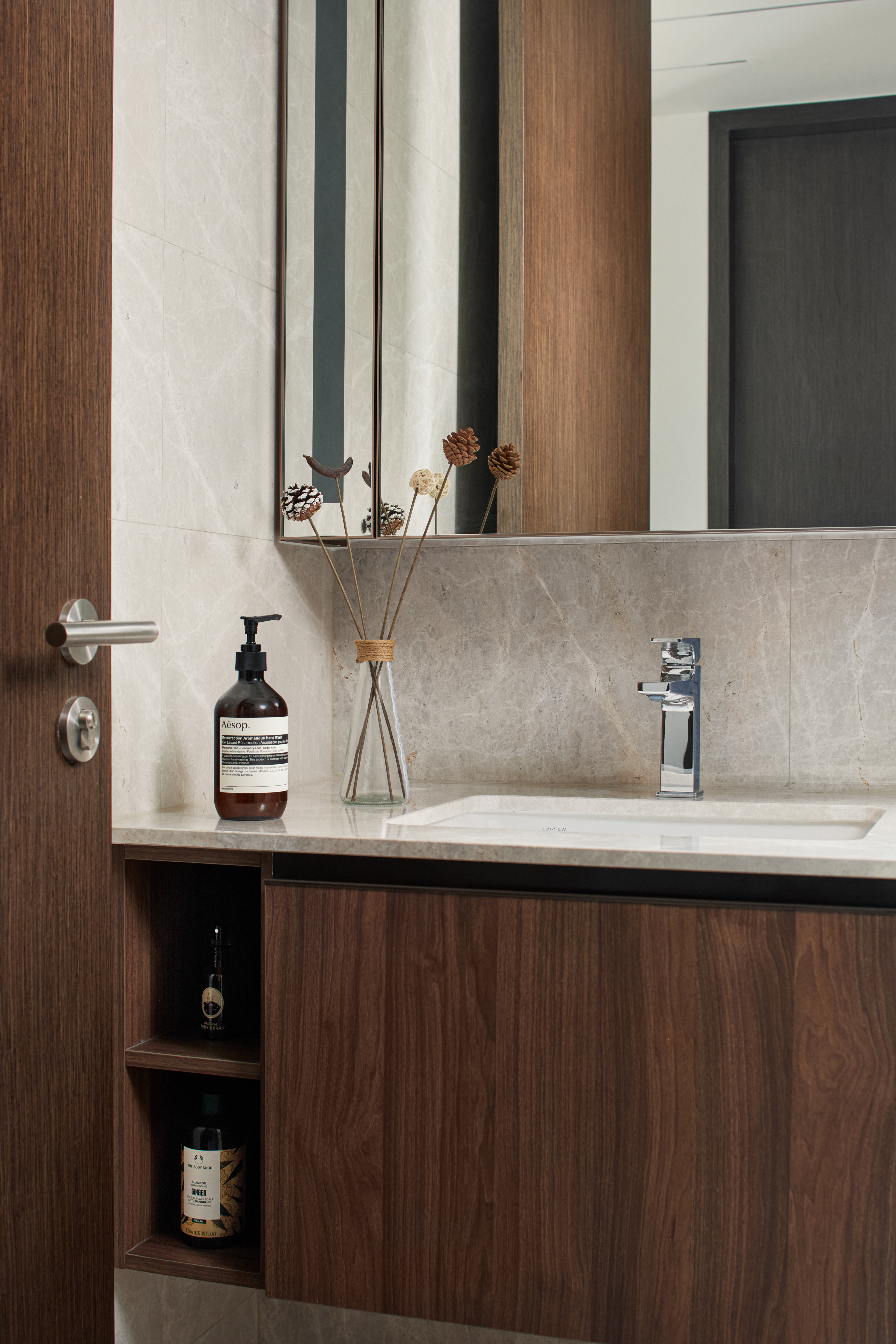 An Easy Guide to a Minimalist x Japandi Home  - Wooden cabinet, bathroom vanity, modern design, marble countertop, soap