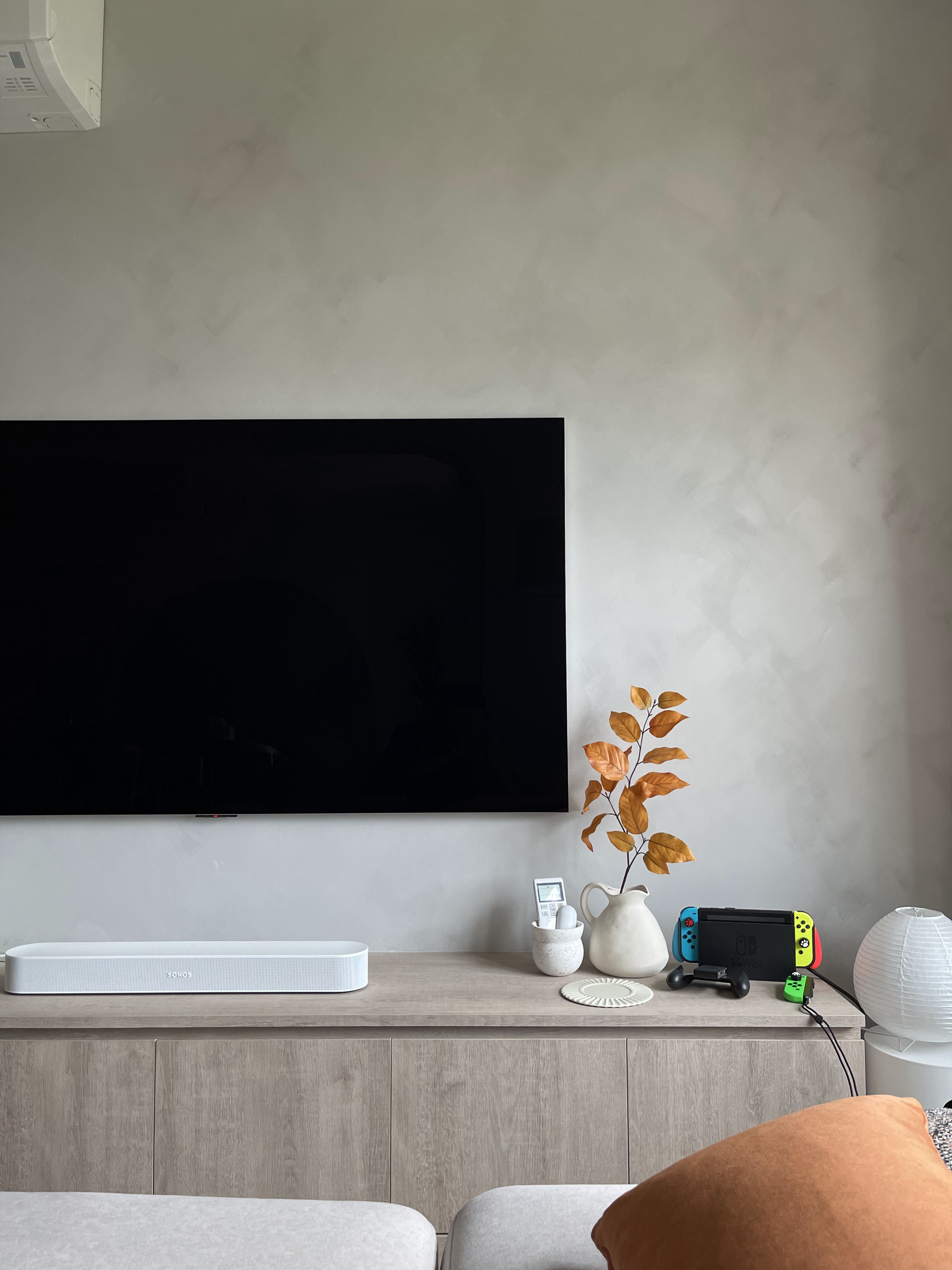 Styling with Faux Plants (& 1 Real Plant) - Modern minimalist living room, sleek black TV, contemporary furniture, neutral