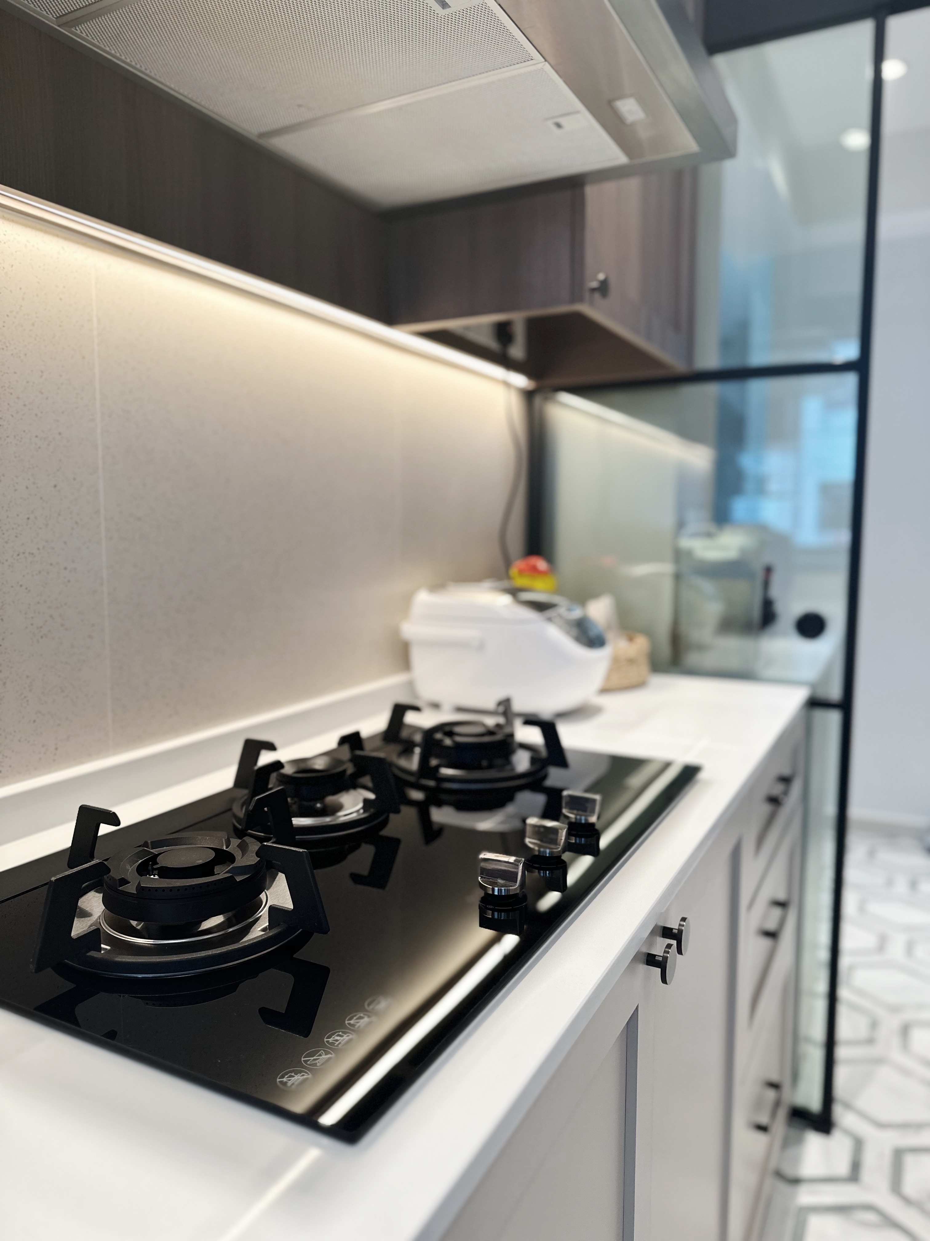 Step inside our kitchen 😋 - Modern kitchen countertop, sleek stove, black gas stove, white countertop, minimalist design