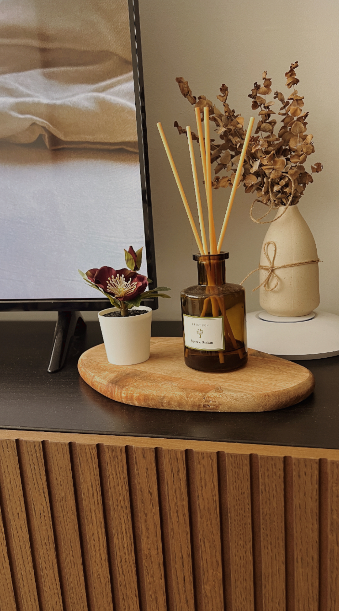 aesthetic must-haves for your japandi home 🍂 - vibrant green plant, rustic wooden surface, modern decor, minimalist design