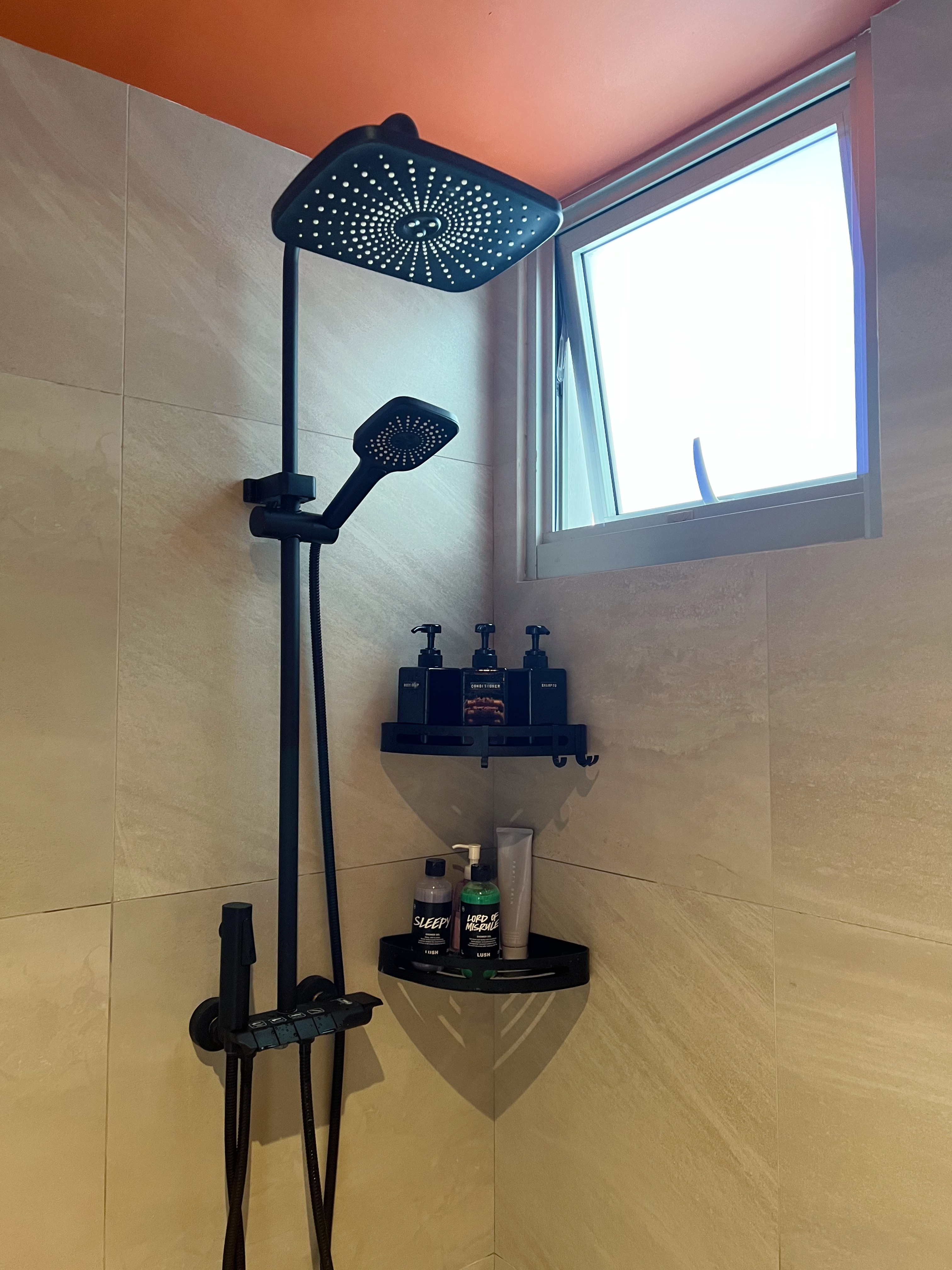 Hue's Who in the Bathroom - shower head, black showerhead, dual shower heads, modern shower fixture, bathroom shower, black