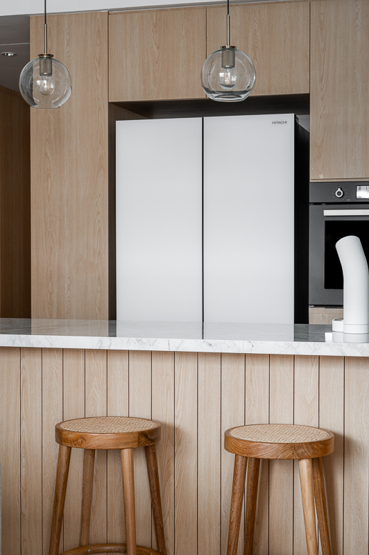 Our Kitchen: Before & After  - Modern kitchen with sleek design, minimalist decor, wooden cabinets, marble countertop